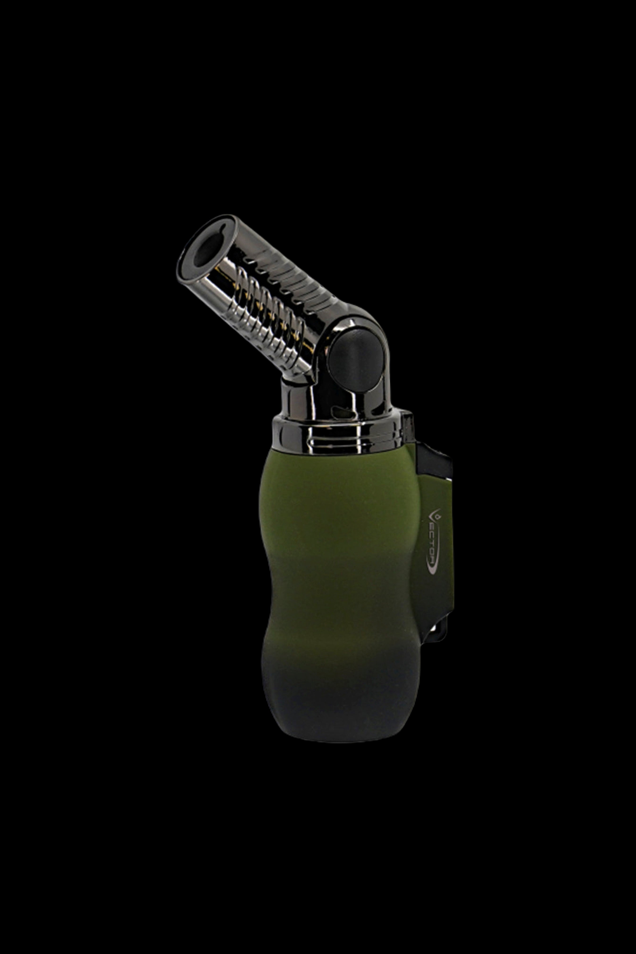 Olive green butane torch lighter for dabbing cannabis concentrates.