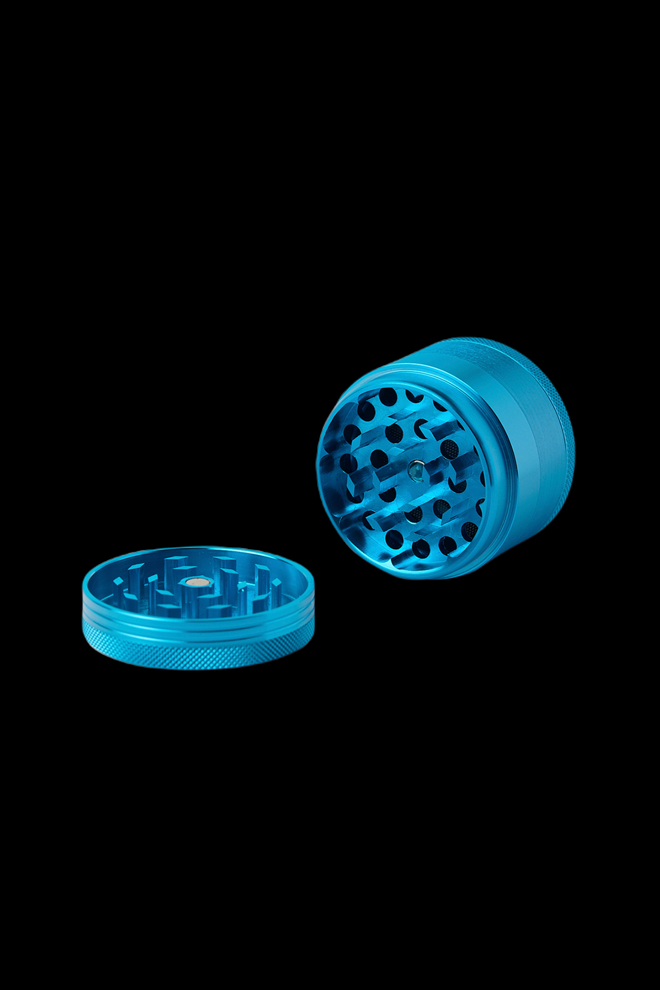 Blue metal cannabis grinder, open to show the grinding mechanism.