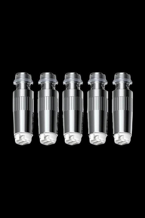 Five silver cannabis oil vape cartridges against a black background.