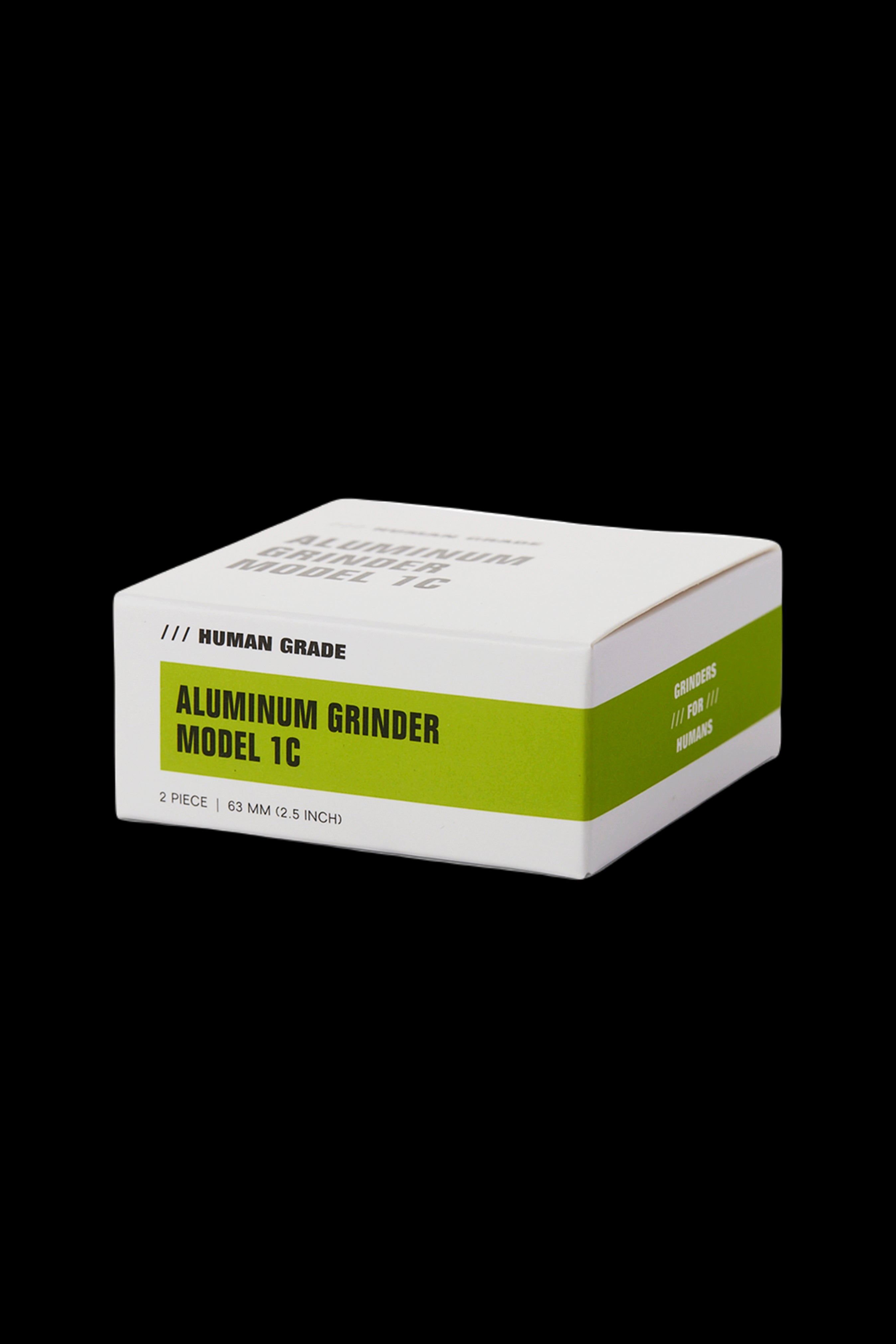 White box for an aluminum cannabis grinder, labeled “// HUMAN GRADE ALUMINUM GRINDER MODEL 1C” and “// FOR // HUMANS”.