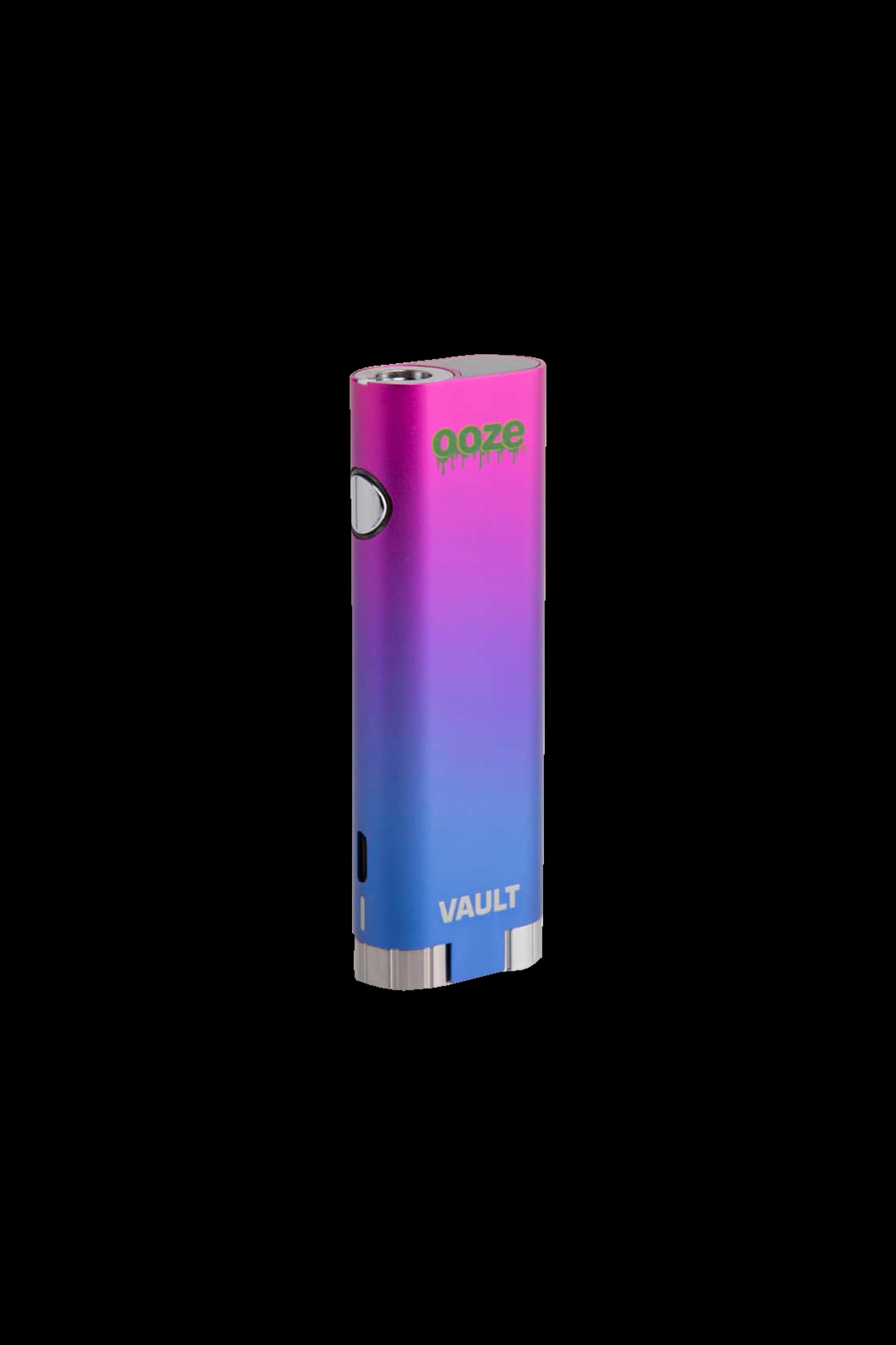 Purple and blue cannabis vaporizer pen with “ooze” and “vault” branding.