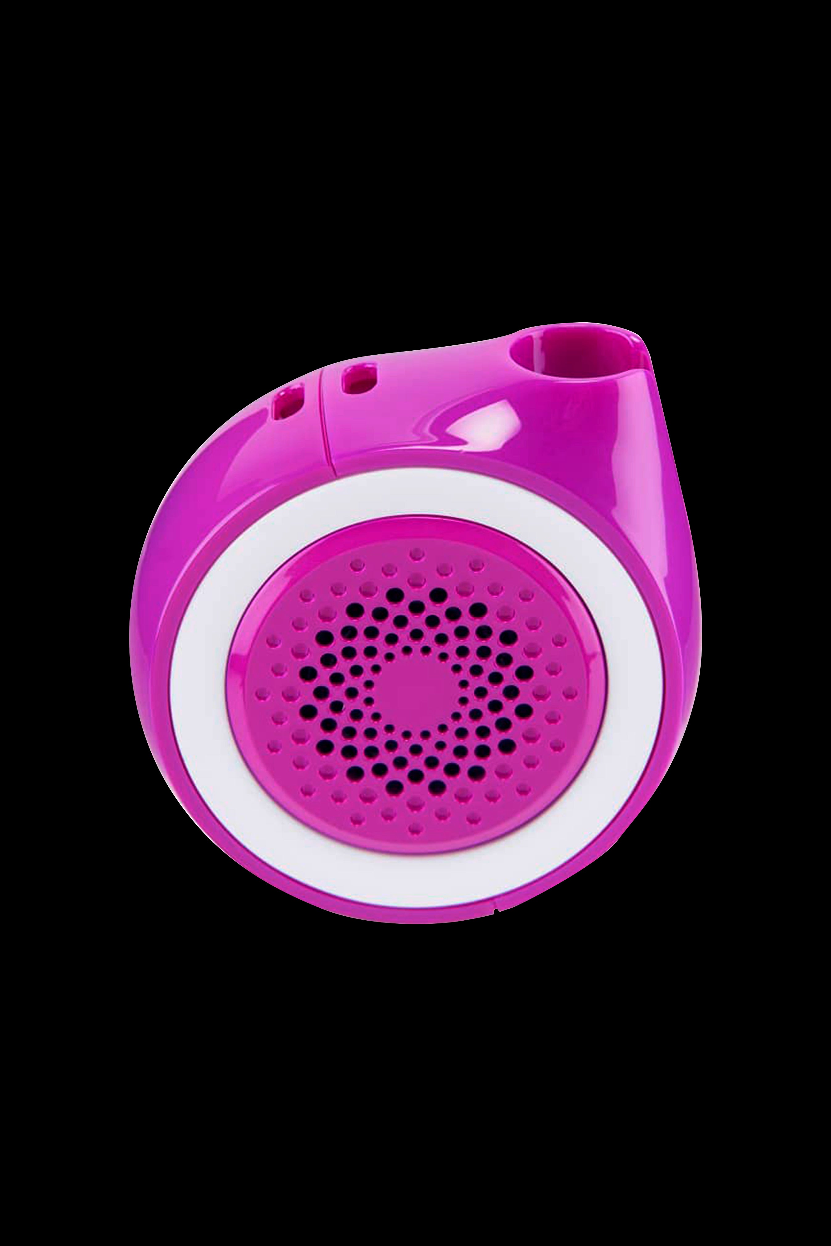 Purple handheld vaporizer with a perforated mouthpiece and white accent ring, isolated on a black background.