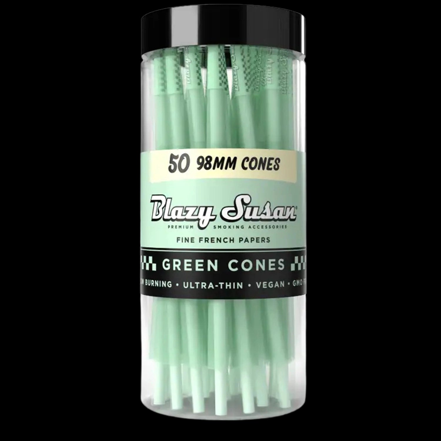 Close-up front view of a clear jar of Blazy Susan Green Cones Jar showing stacked mint-green cones and the labeled mint-and-black band.