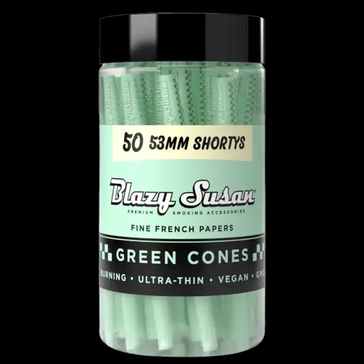 Close-up front view of a cylindrical jar of Blazy Susan Green Cones showing mint-green short cones through a clear label.