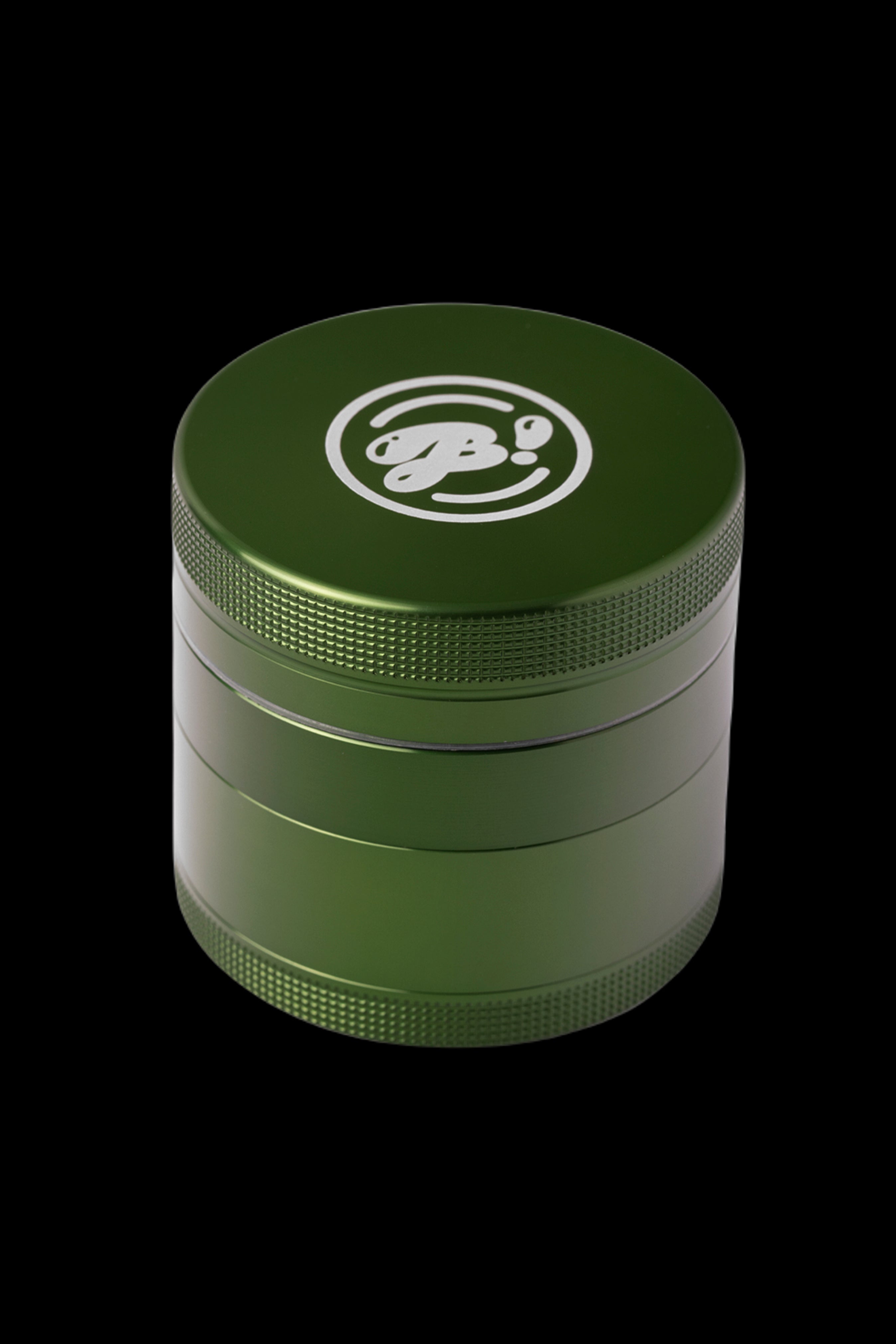 Olive green four-piece metal grinder with a logo on the lid.