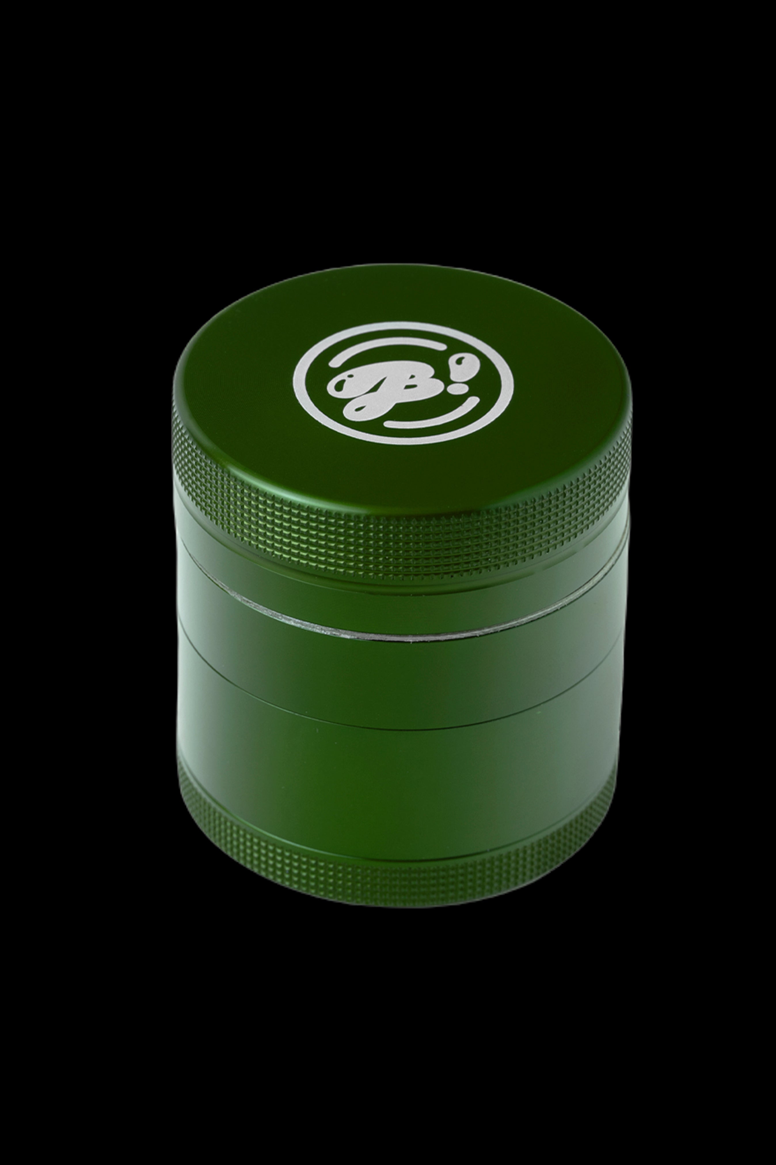 Green four-piece metal grinder with a logo on the lid.