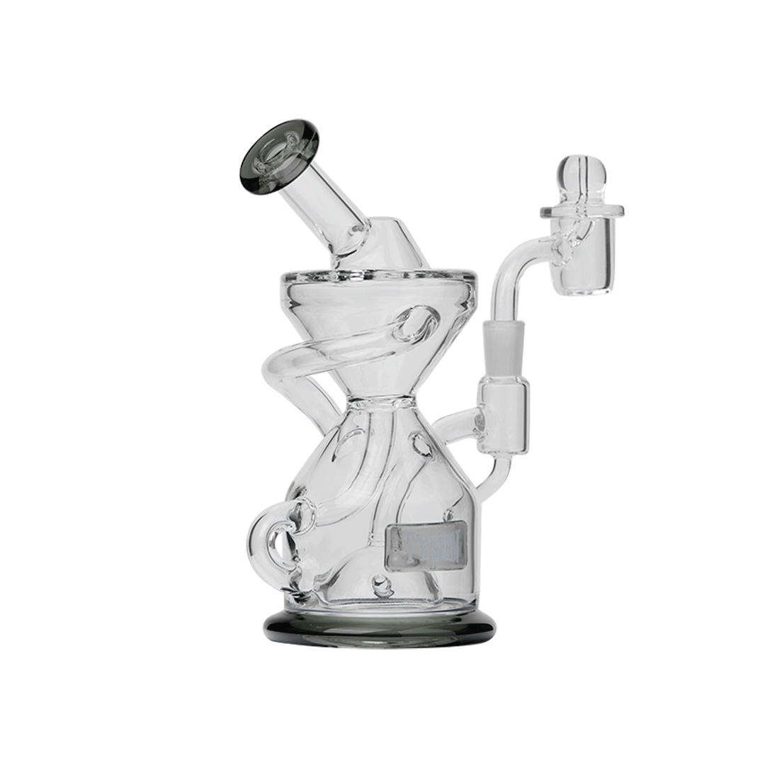 Tyson 2.0 Knockout Dab Rig – sleek black glass with branded mouthpiece and stable, wide base. Includes matching carb cap.