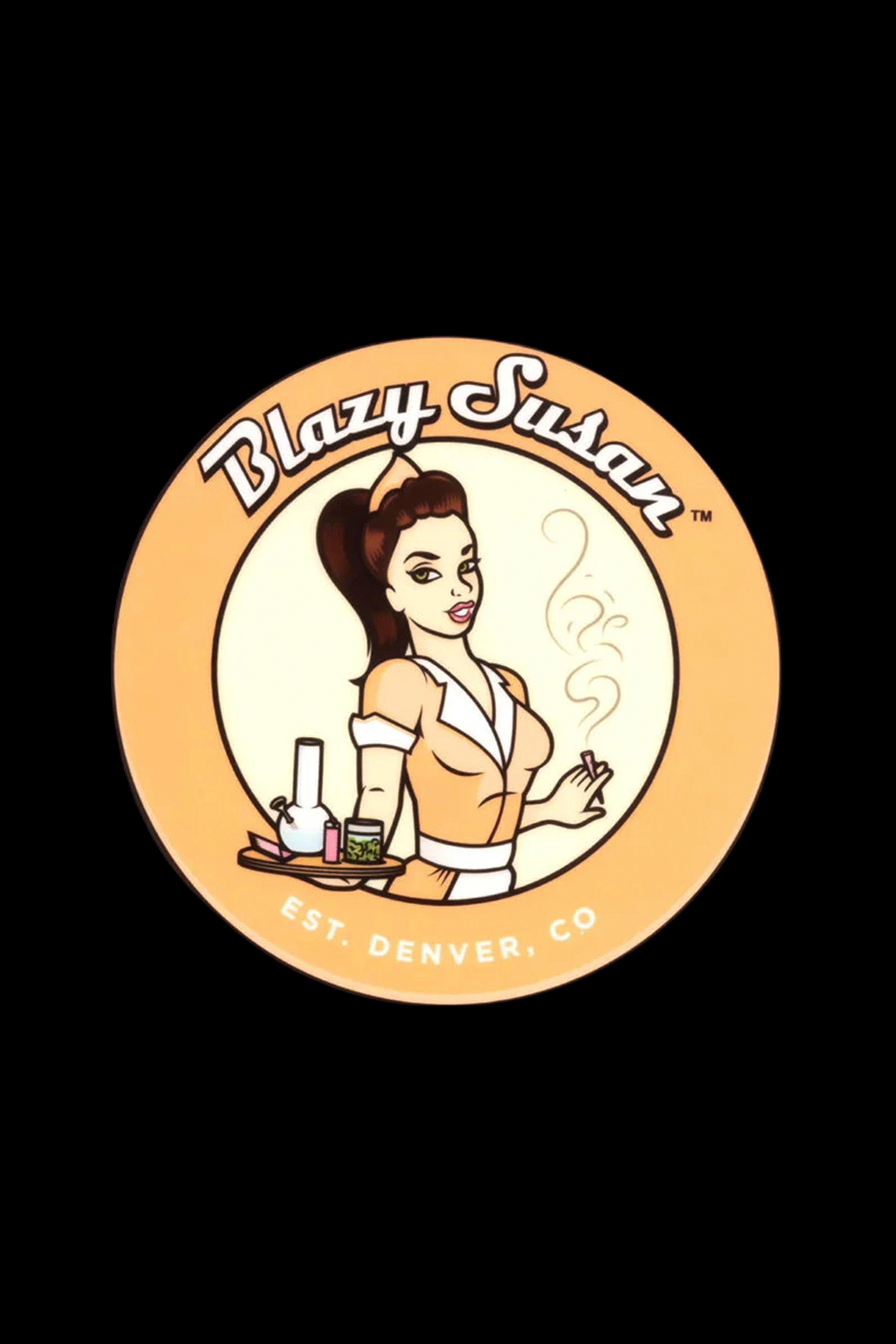 Retro-style logo for “Blazy Susan” featuring a vintage illustration of a woman holding cannabis accessories, with text “Est. Denver, CO.”