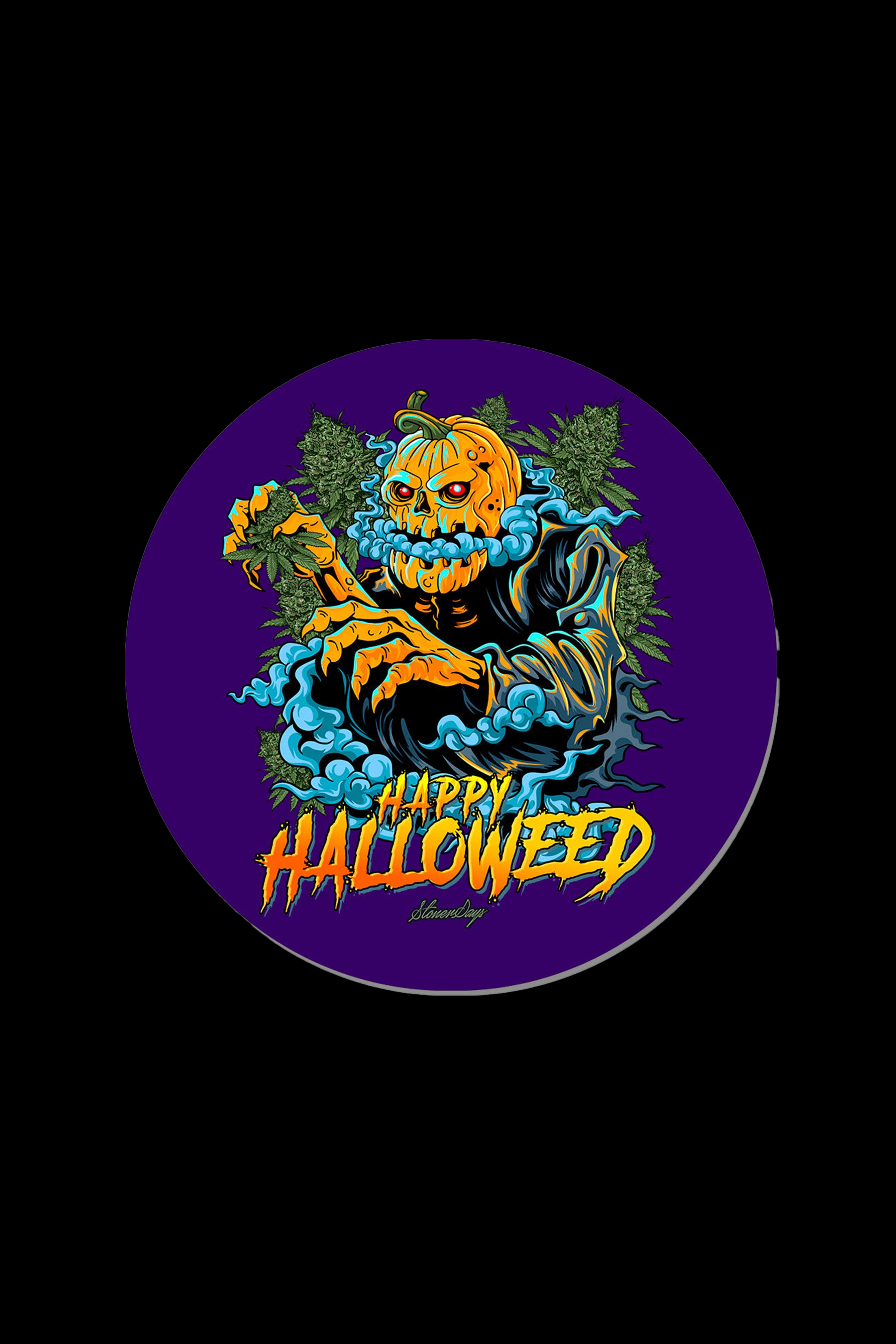 A circular design featuring a spooky, skeletal jack-o'-lantern with cannabis leaves incorporated into its form, set against a dark purple background with the text "Happy Halloweed" and "Stonedage" below.