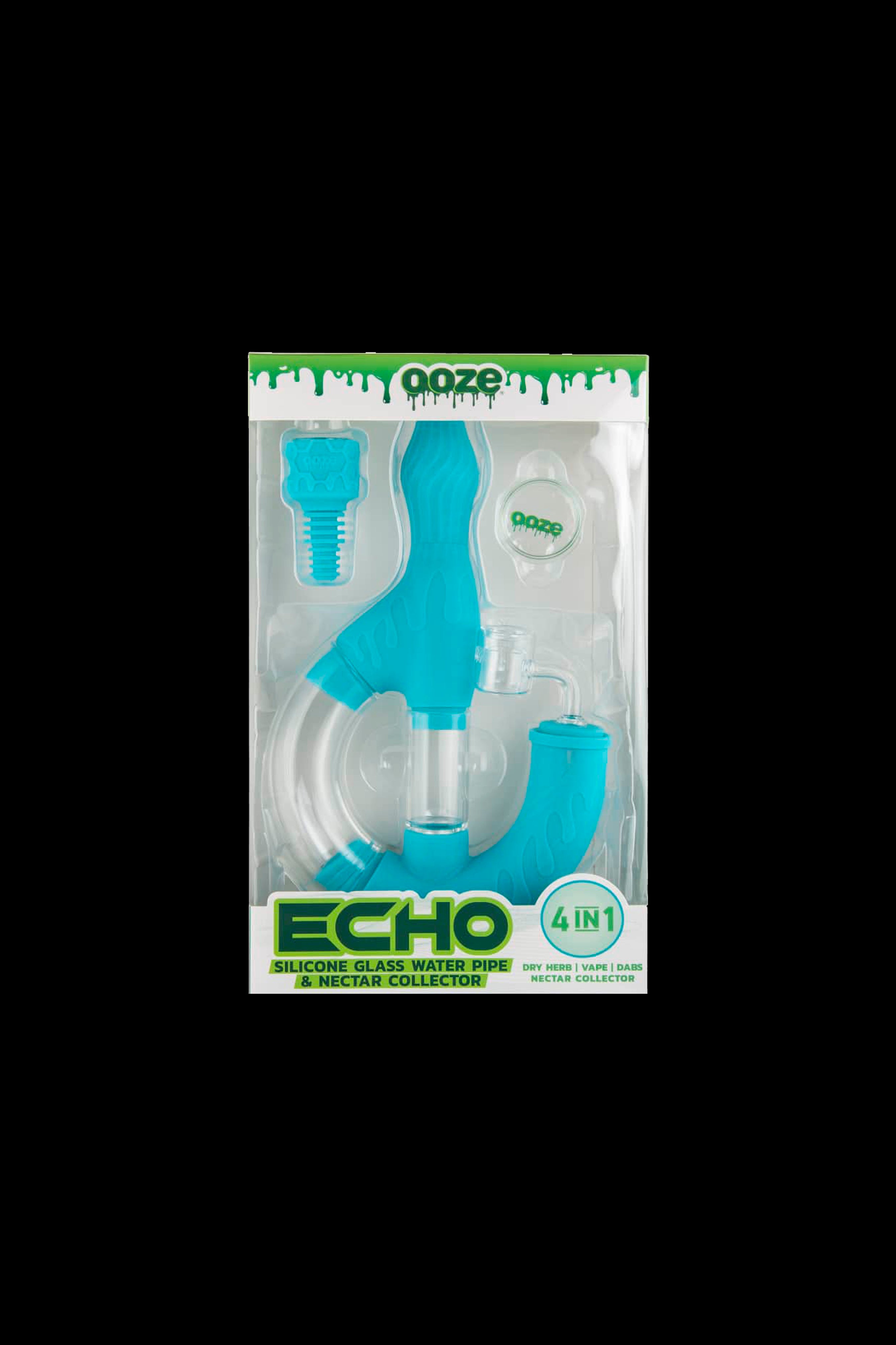 Blue silicone water pipe and nectar collector in retail packaging.