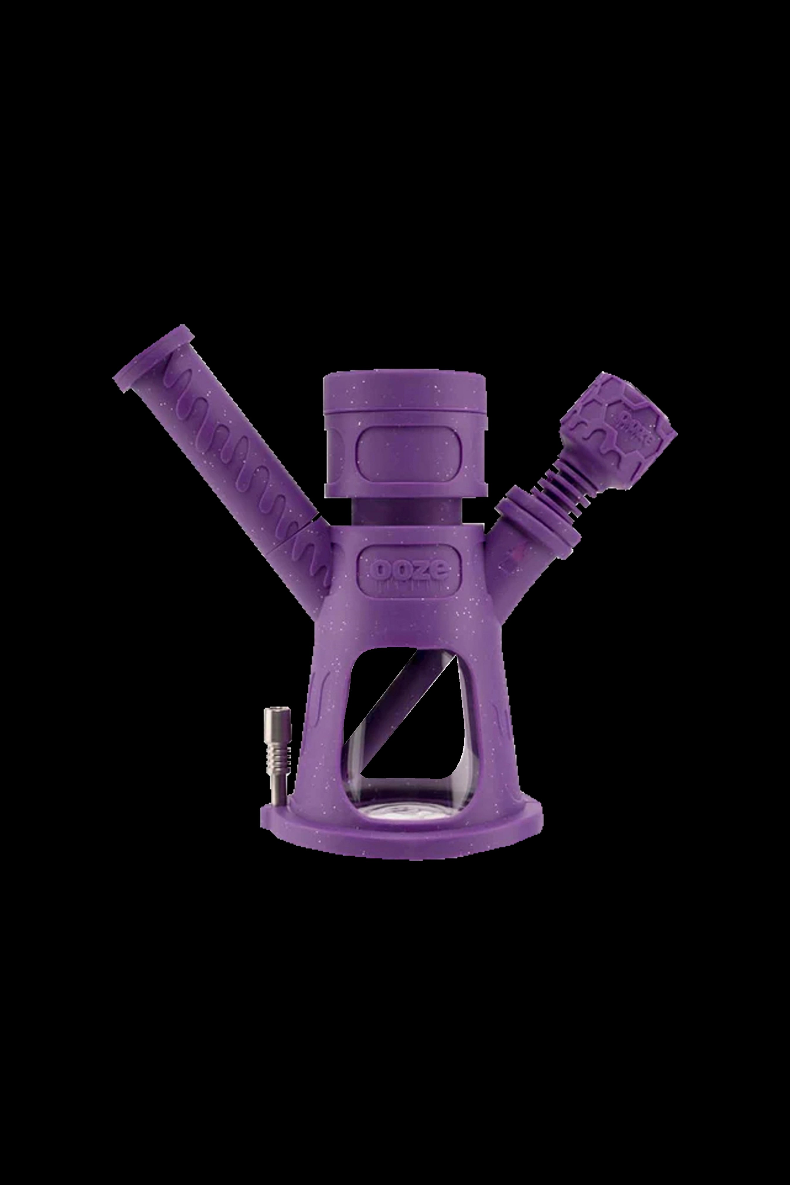 Purple silicone bubbler water pipe with accessories.