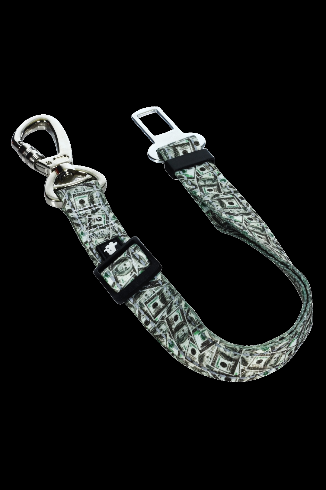 Cannabis-themed lanyard with metal clips and a money-patterned design.