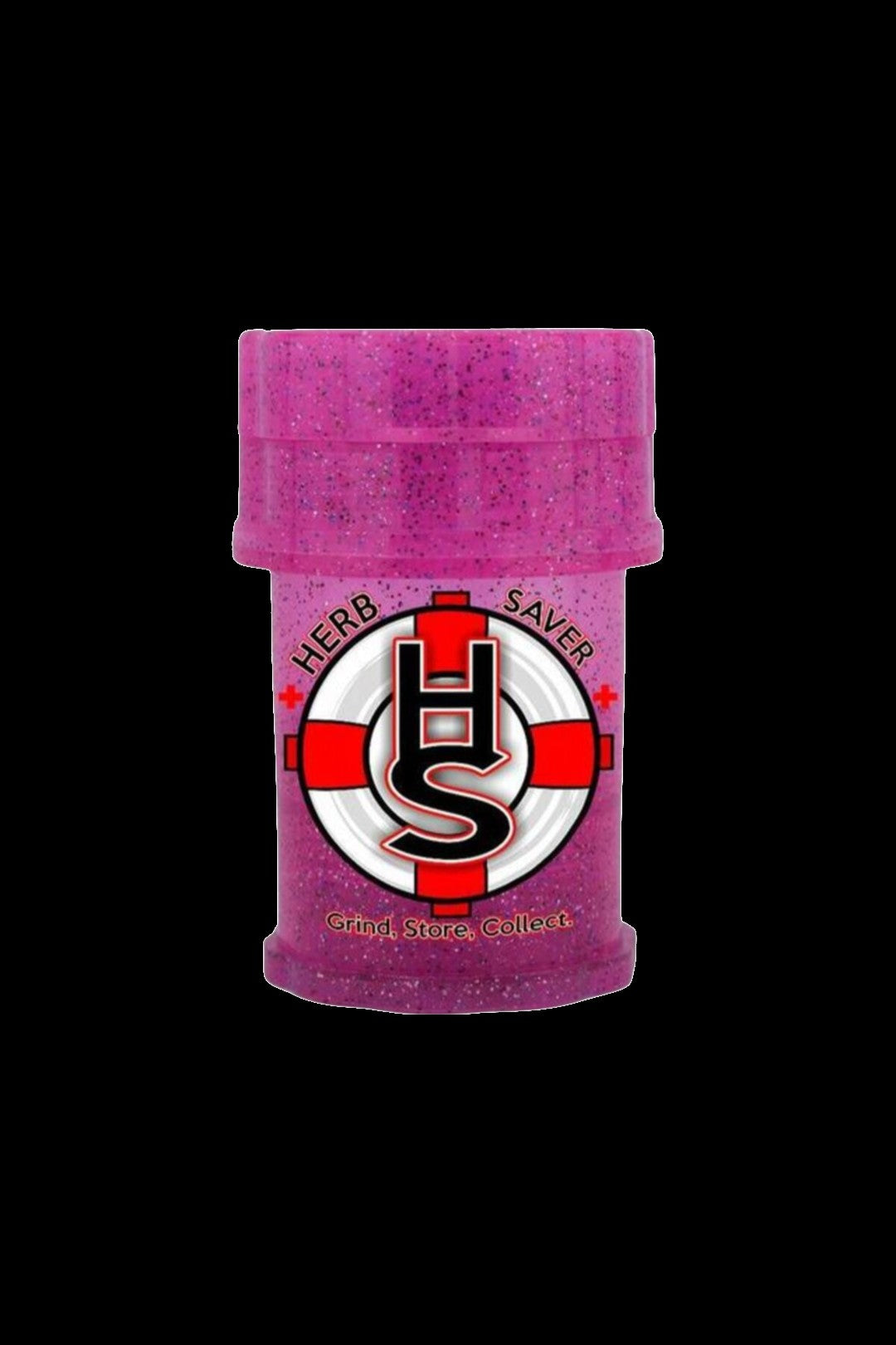 Pink Herb Saver container with a black and white logo featuring the letters "HS" and the text "Grind, Store, Collect."
