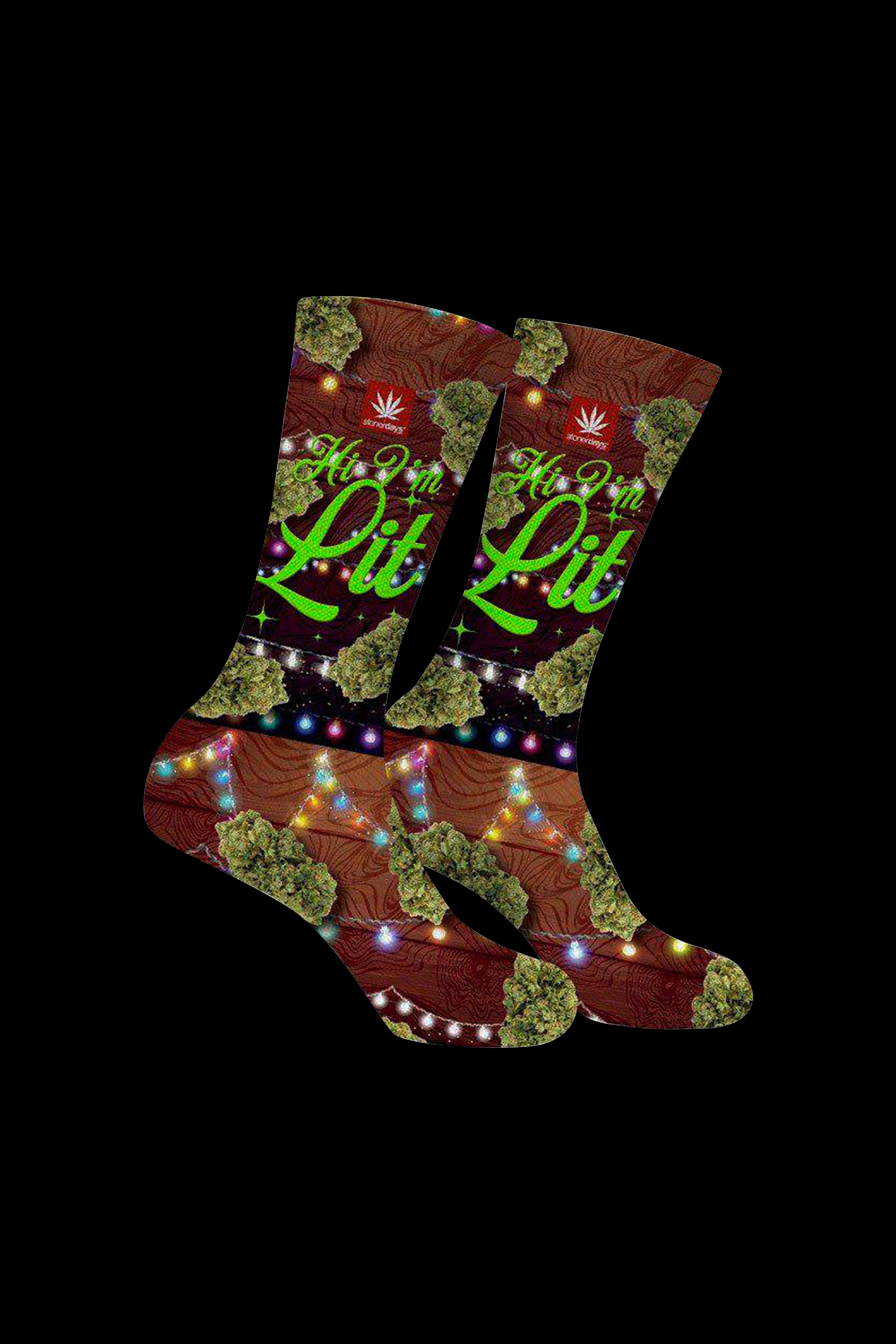 Red and green cannabis-themed socks with marijuana leaf patterns and glowing “Lit Lit” text on a black background.