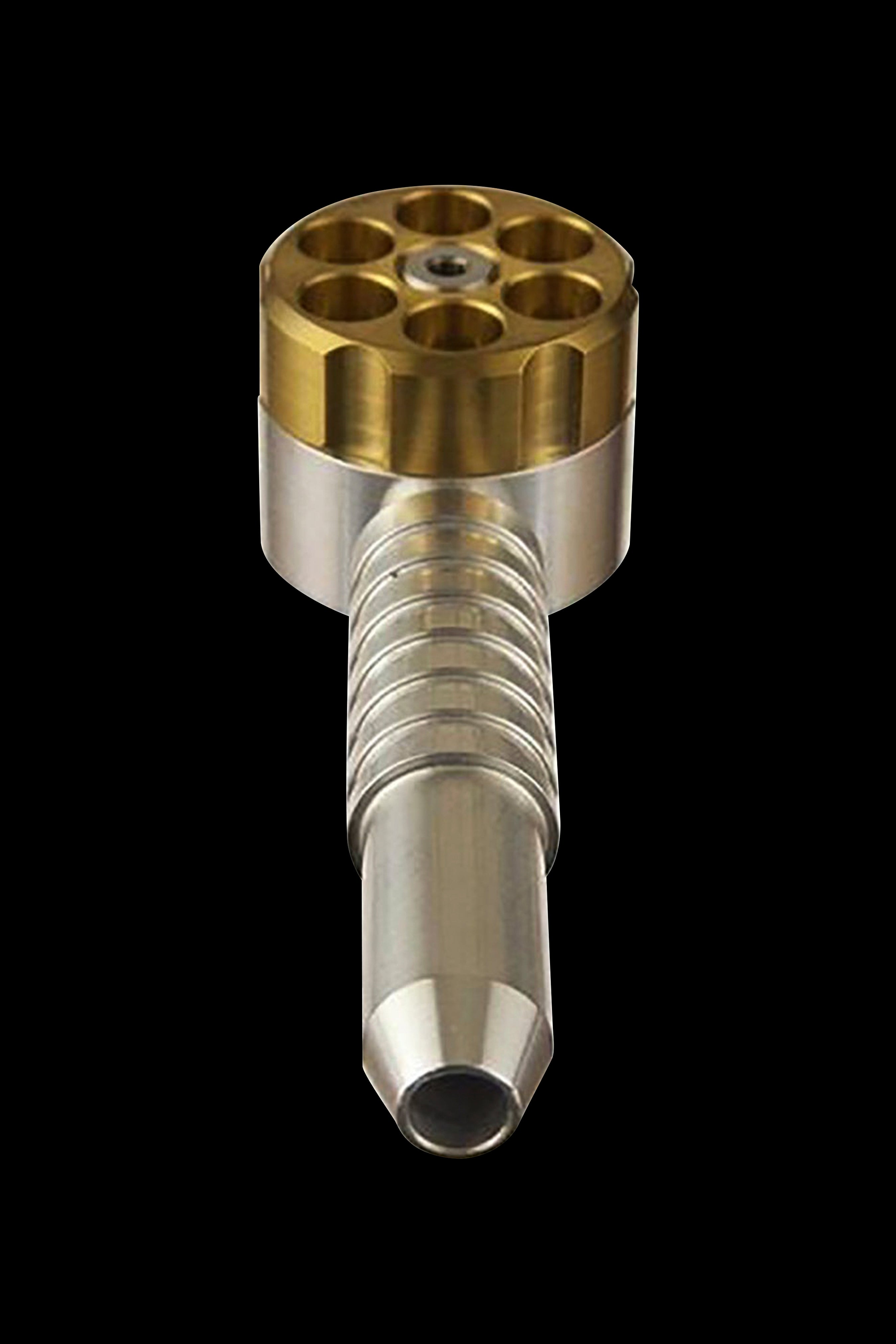 Gold and silver cannabis oil burner pipe on a black background.