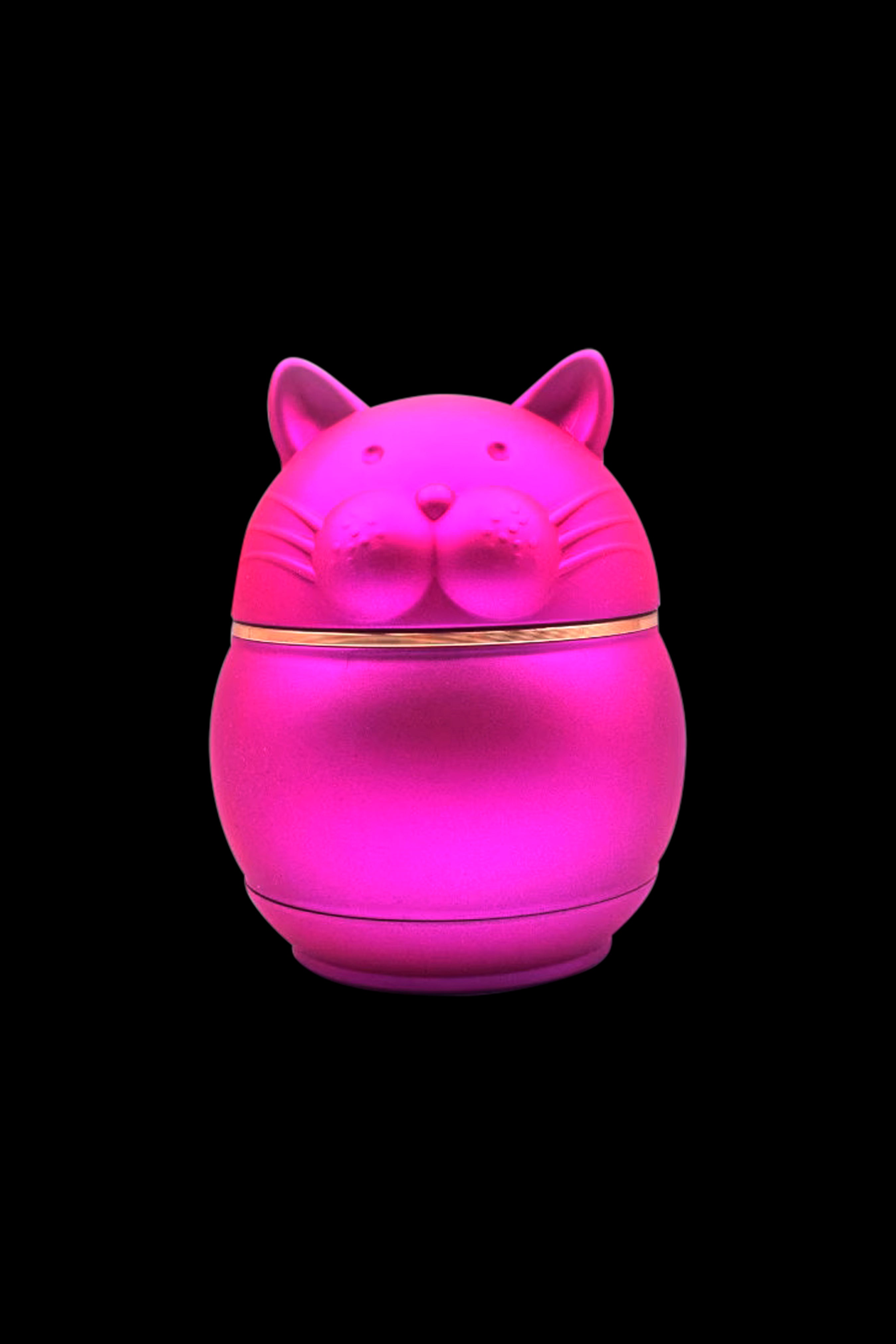 Bright pink cat-shaped stash jar with gold trim.