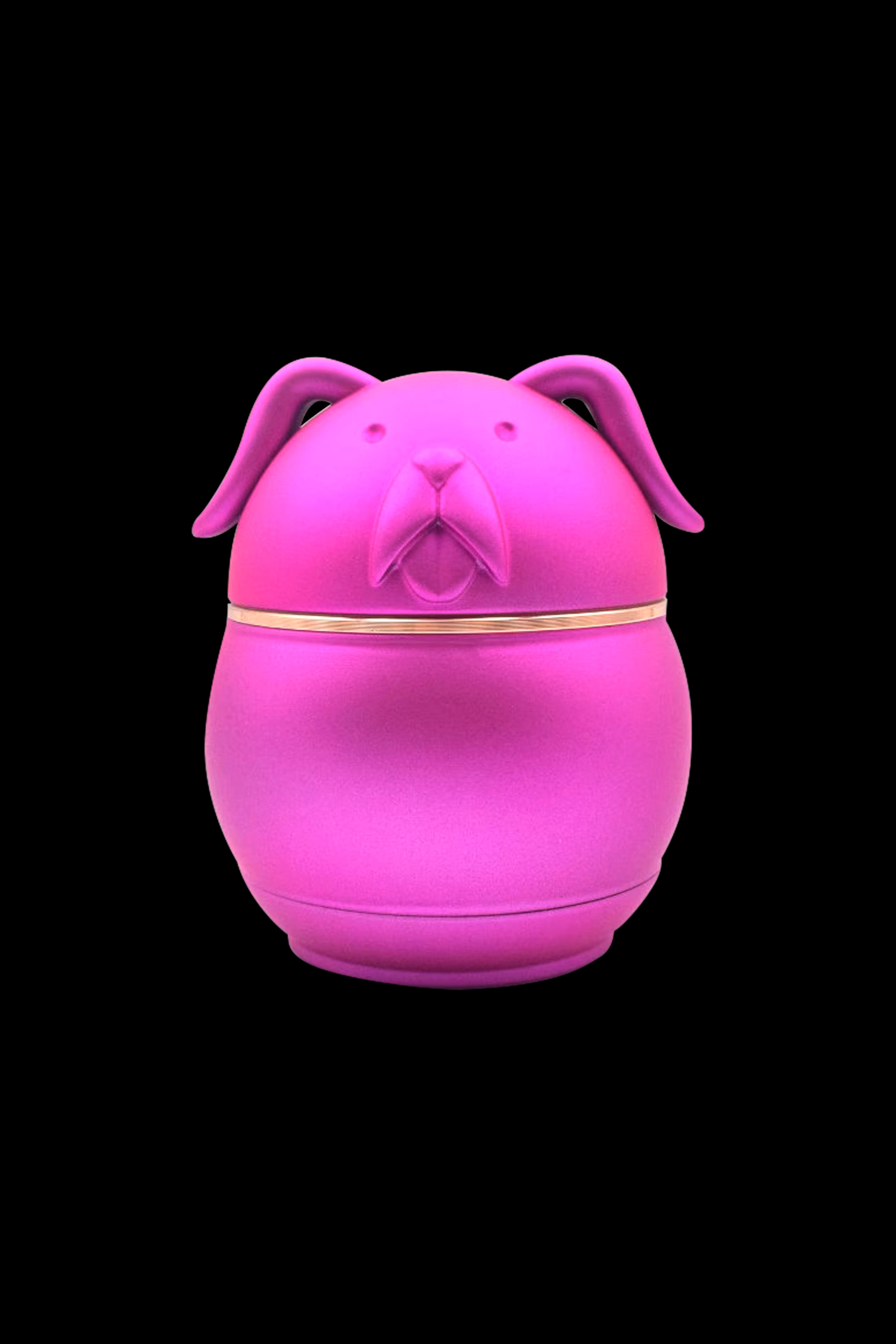 Bright pink dog-shaped stash jar with gold trim.