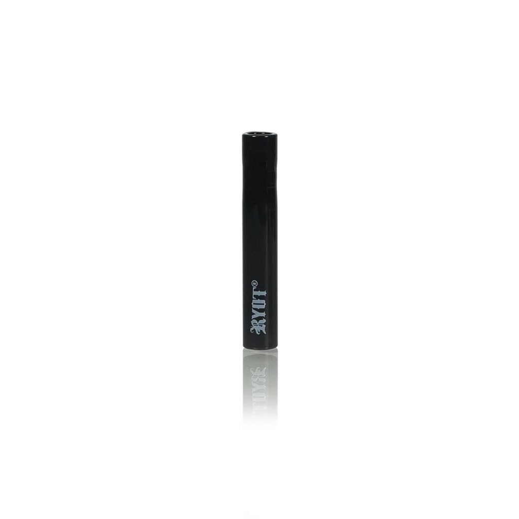 Straight-on view of a black RYOT Ceramic Maple Traveller Pipe standing upright on a reflective white surface with its logo visible.