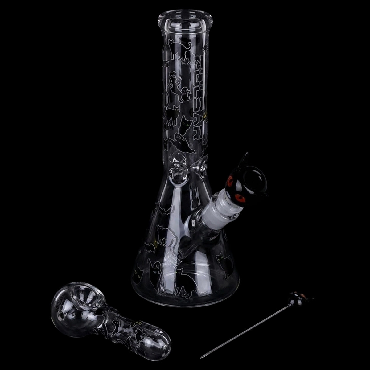 Pulsar Superstitious Kitty GLOW Glass Herb Pipe Duo - 9.75" / 14mm F