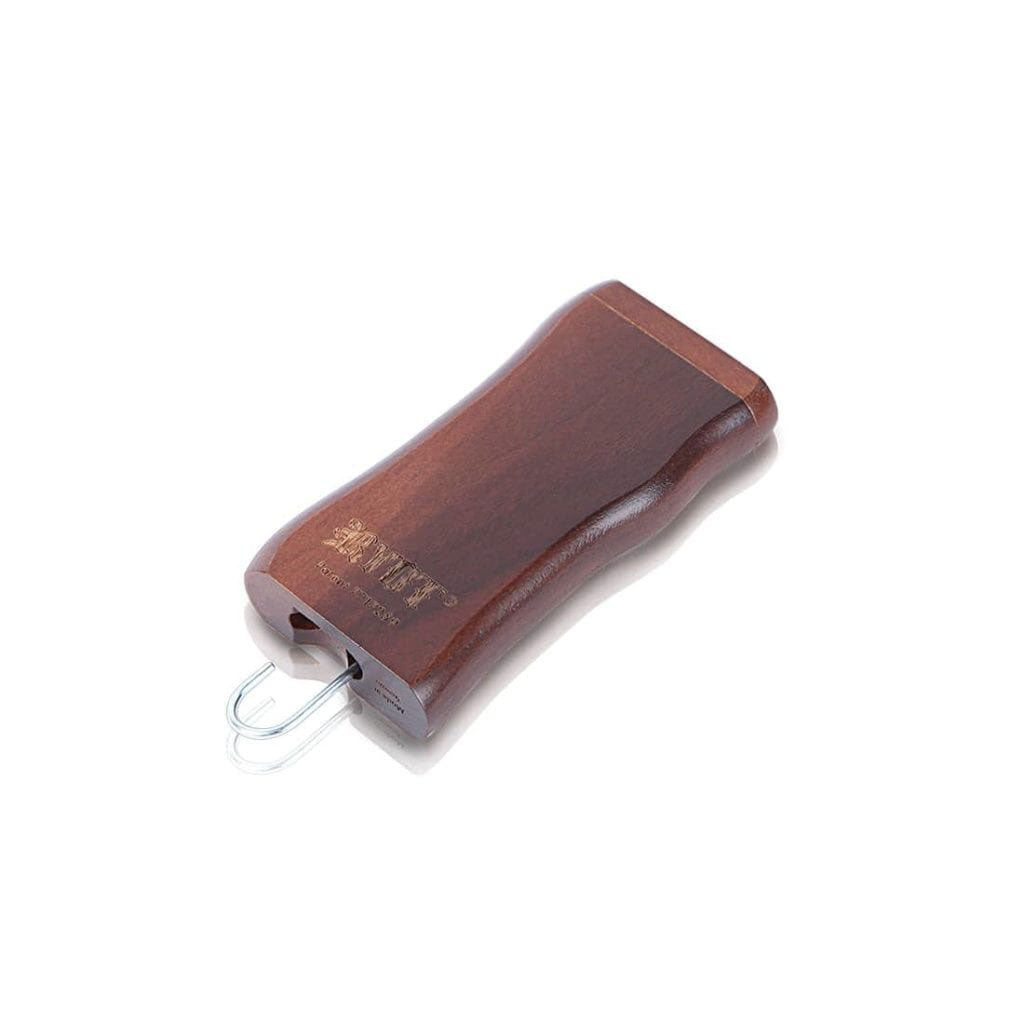 Angled top-down view of the Rosewood RYOT Wooden Magnetic Dugout With Matching One Hitter showing its smooth curved wooden case, gold logo, and metal one-hitter partially ejected.