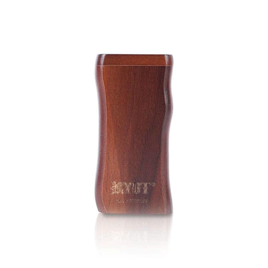 Front-facing shot of the walnut RYOT Wooden Magnetic Dugout With Matching One Hitter centered on a white background, showing its curved sides, wood grain, and stamped logo.