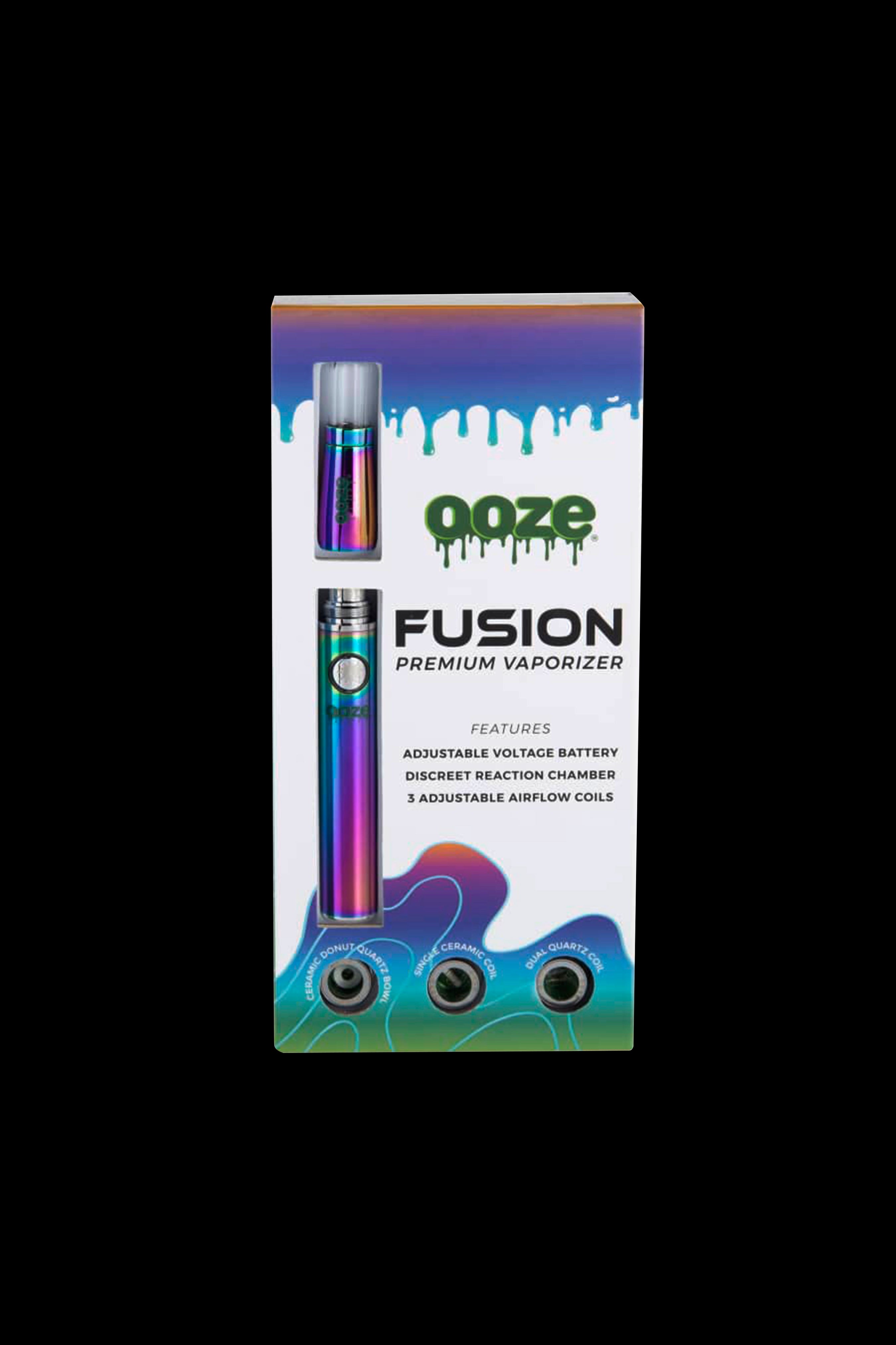 Ooze Fusion premium vaporizer packaging displaying the device and features like adjustable voltage and ceramic coils.