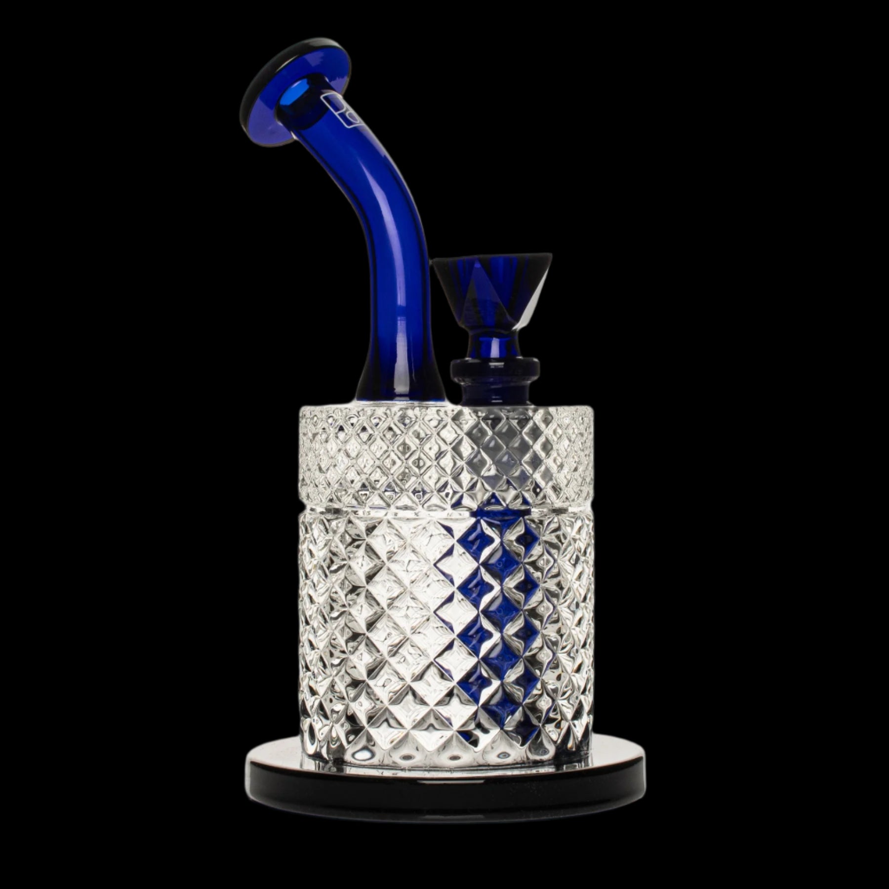 Clear glass dab rig with geometric pattern and blue accents, isolated on black.