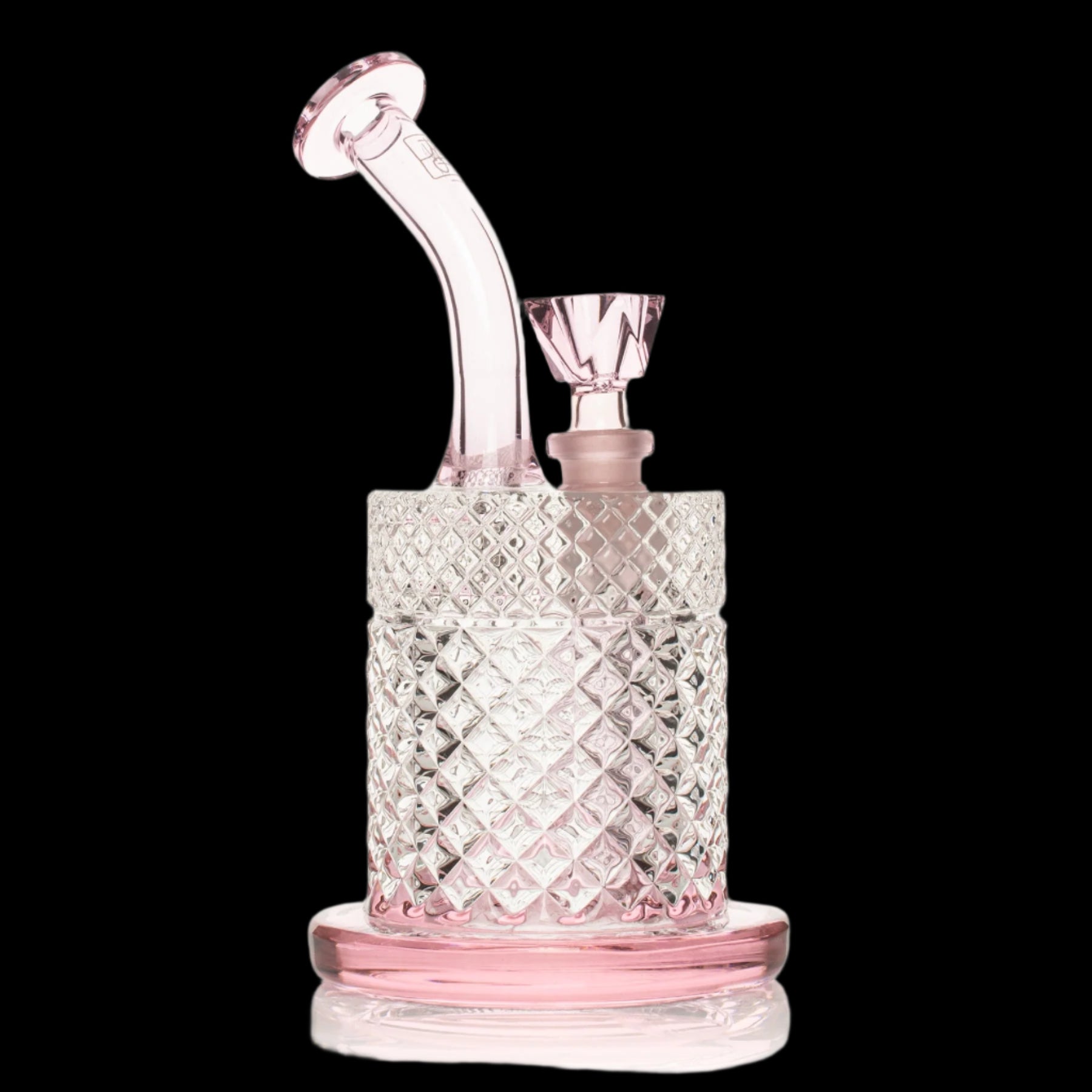 Pink glass dab rig with intricate diamond lattice pattern and curved neck.