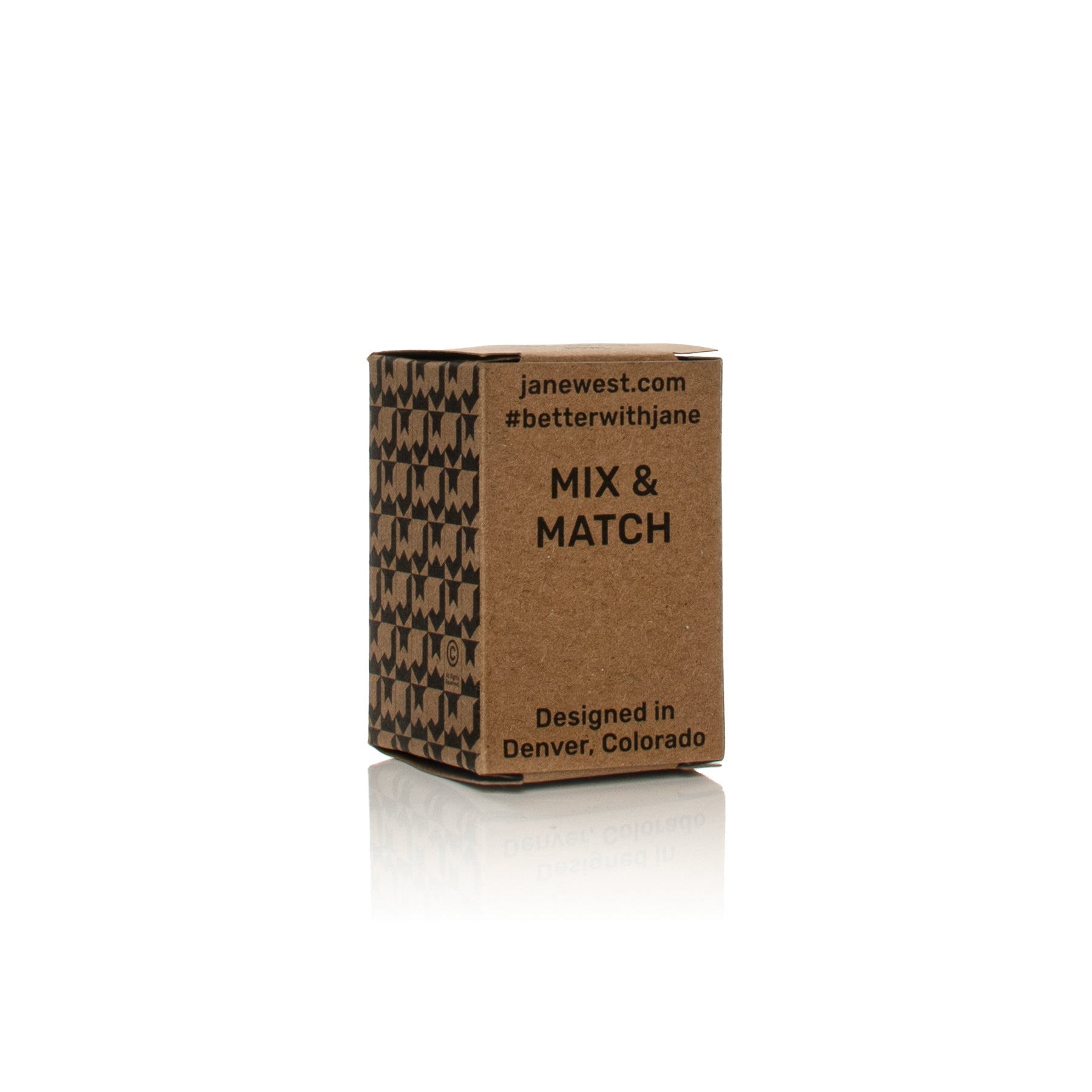 Small patterned box for cannabis accessories, labeled "janewest.com #betterwithjane MIX & MATCH Designed in Denver, Colorado".