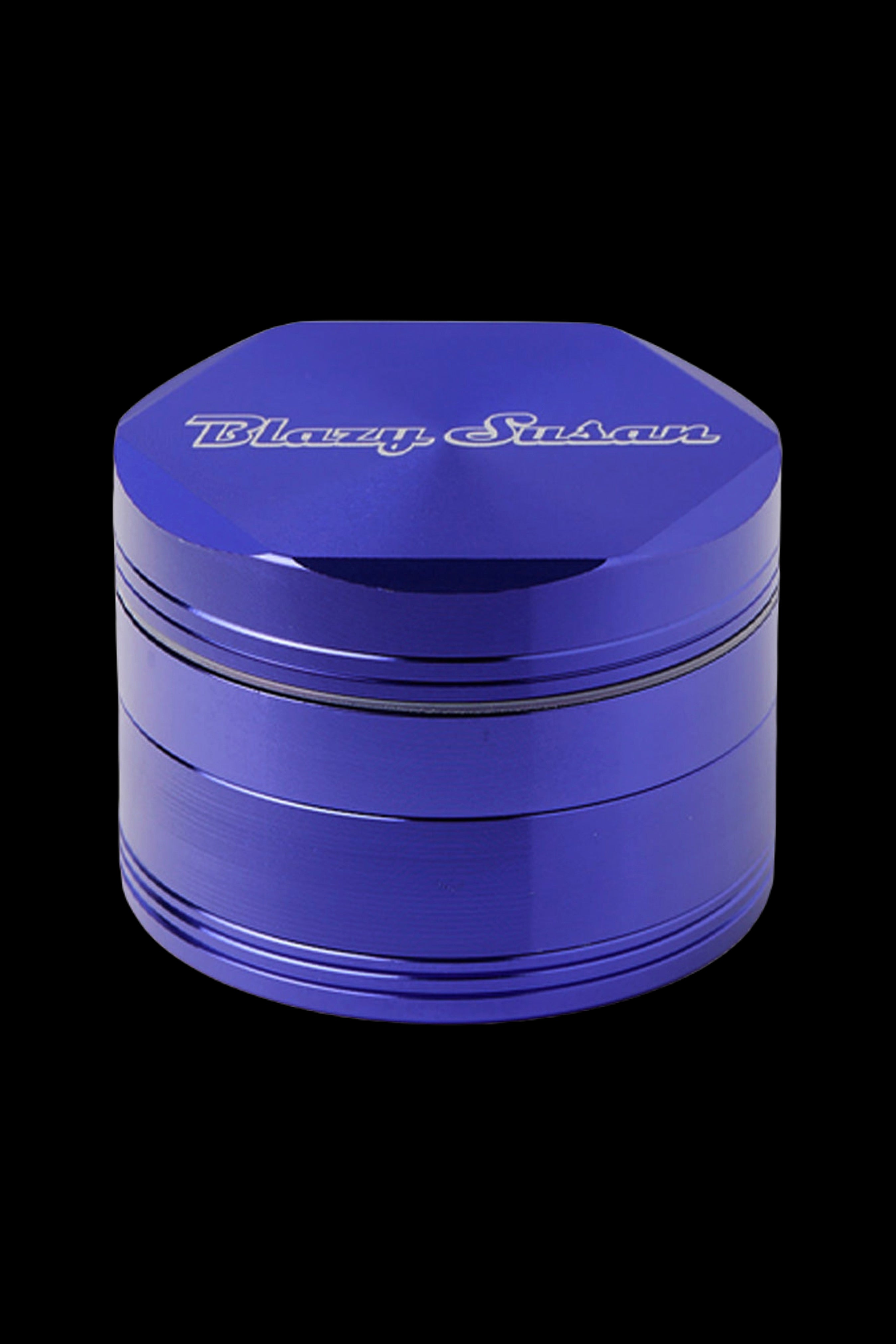 Blue four-layer metal cannabis grinder with “Blazy Susan” logo.
