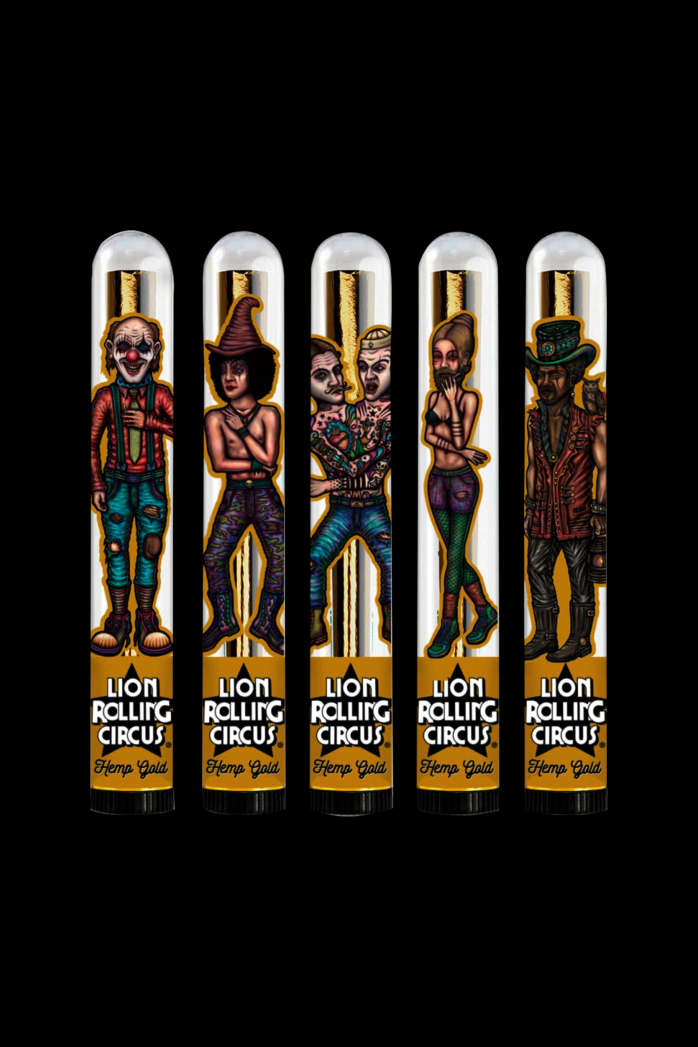 Five colorful, illustrated cannabis pipe designs featuring circus-themed characters, each labeled “Lion Rolling Circus Hemp Gold.”