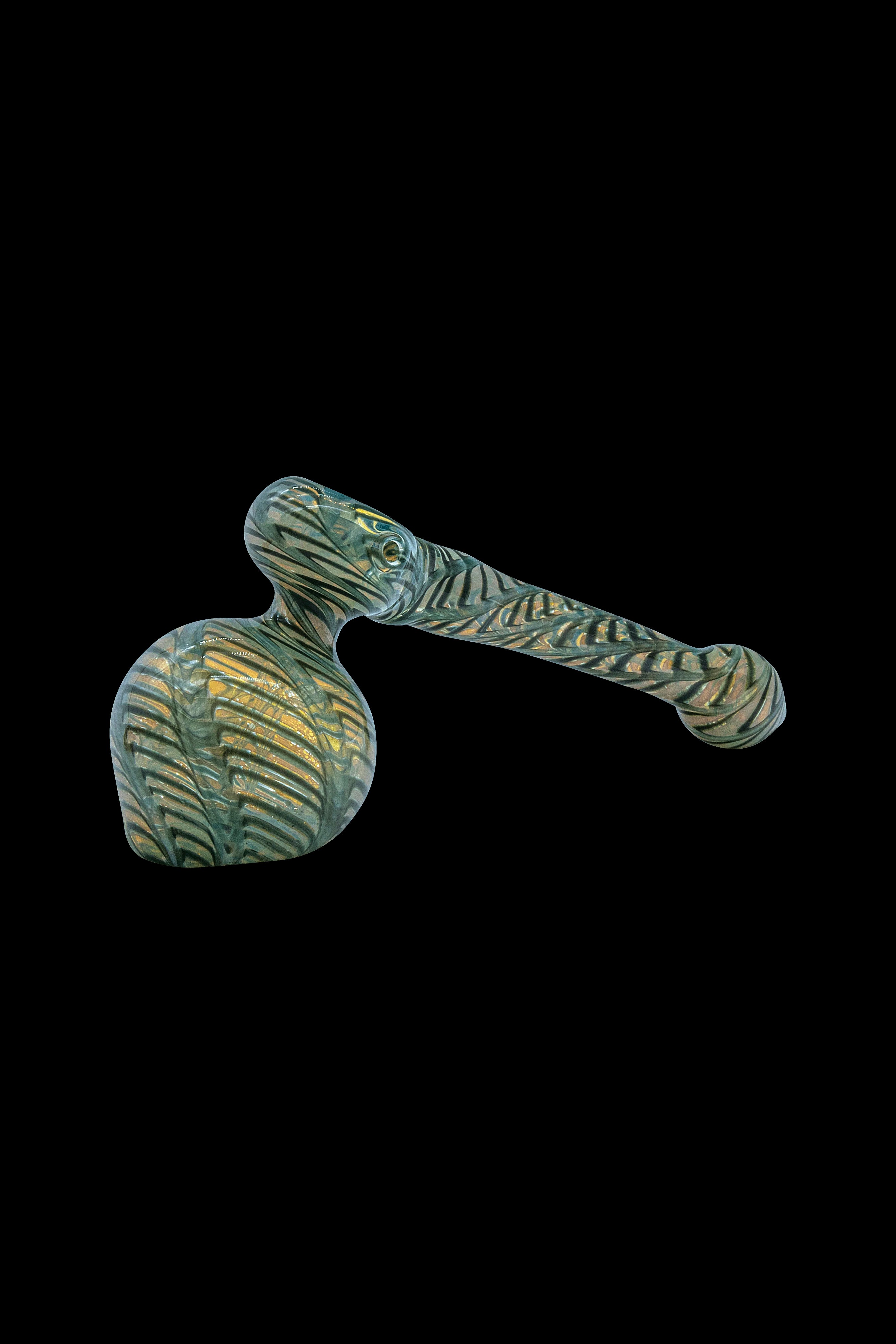 Green and gold glass cannabis bubbler pipe on a black background.