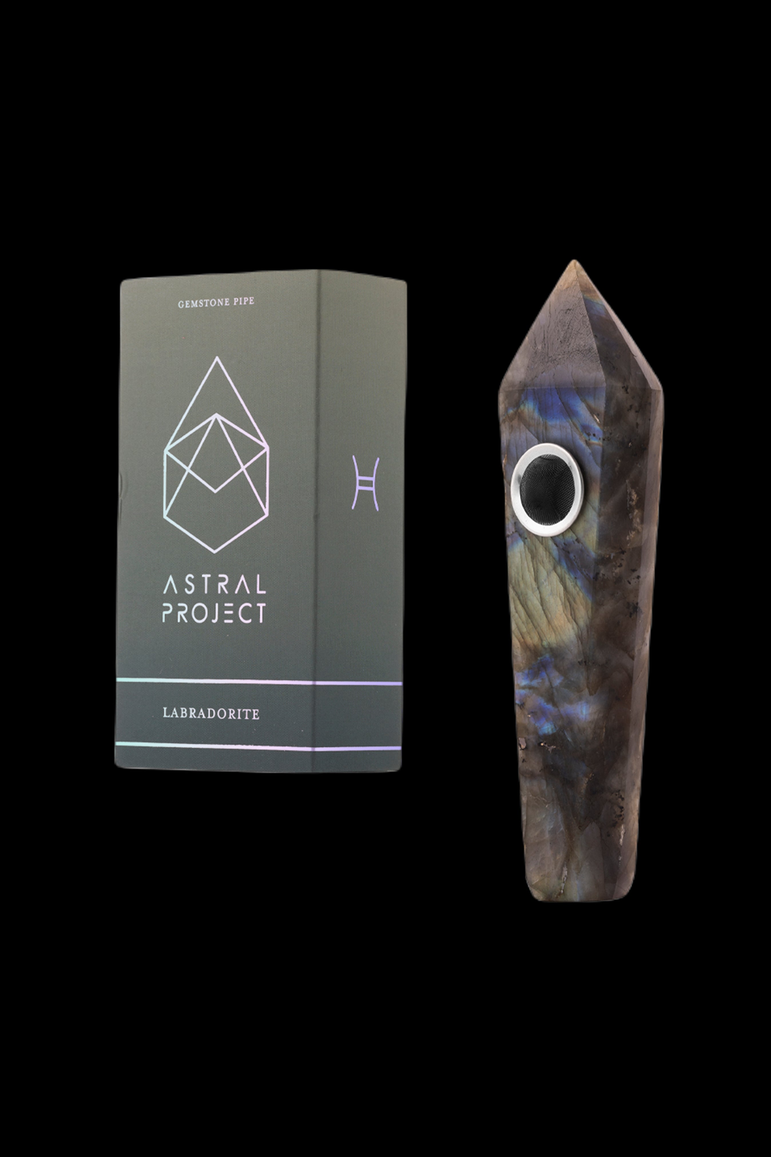 Labradorite gemstone pipe and its branded packaging, presented against a black background.