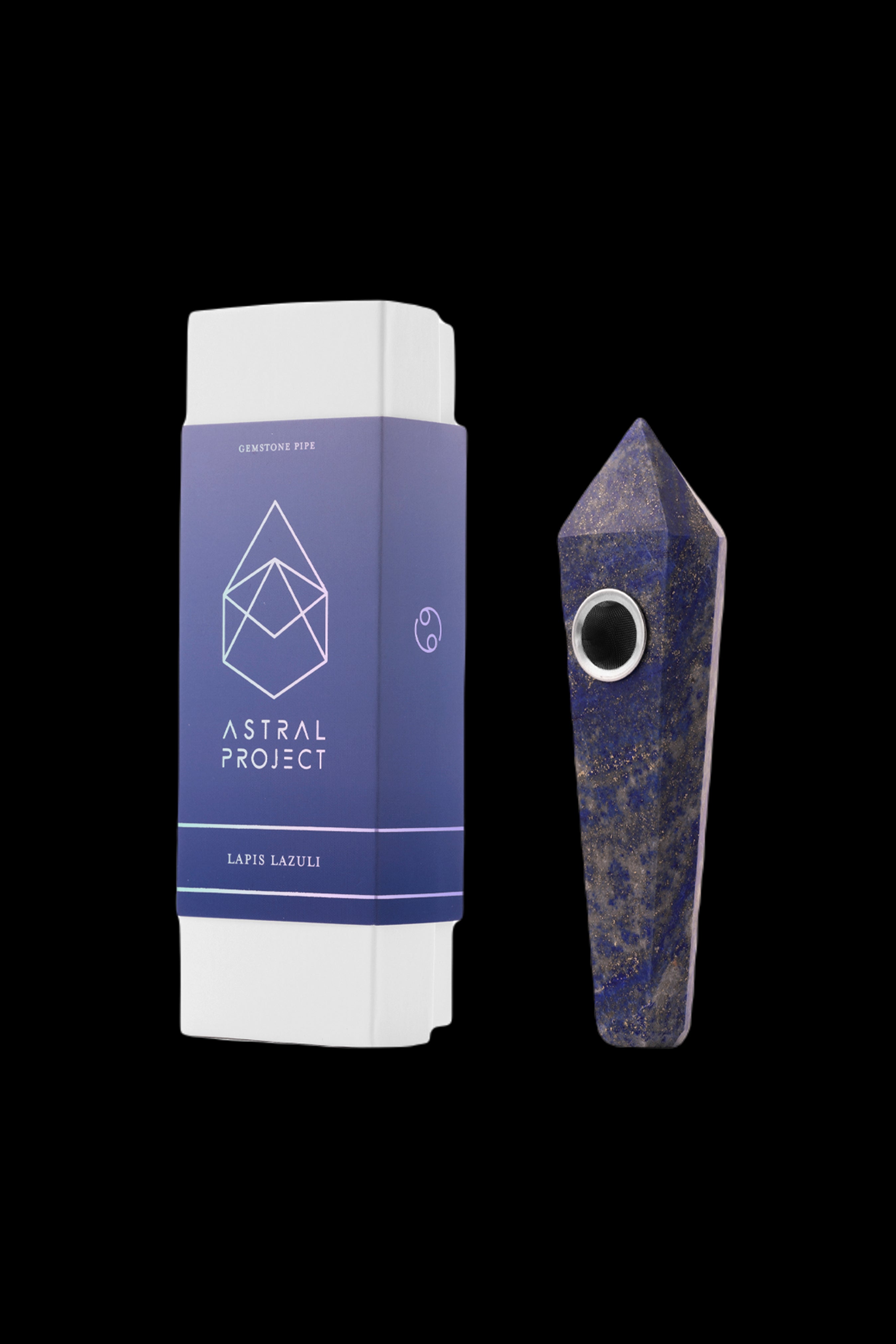Lapis lazuli gemstone pipe by Astral Project, shown with its packaging.