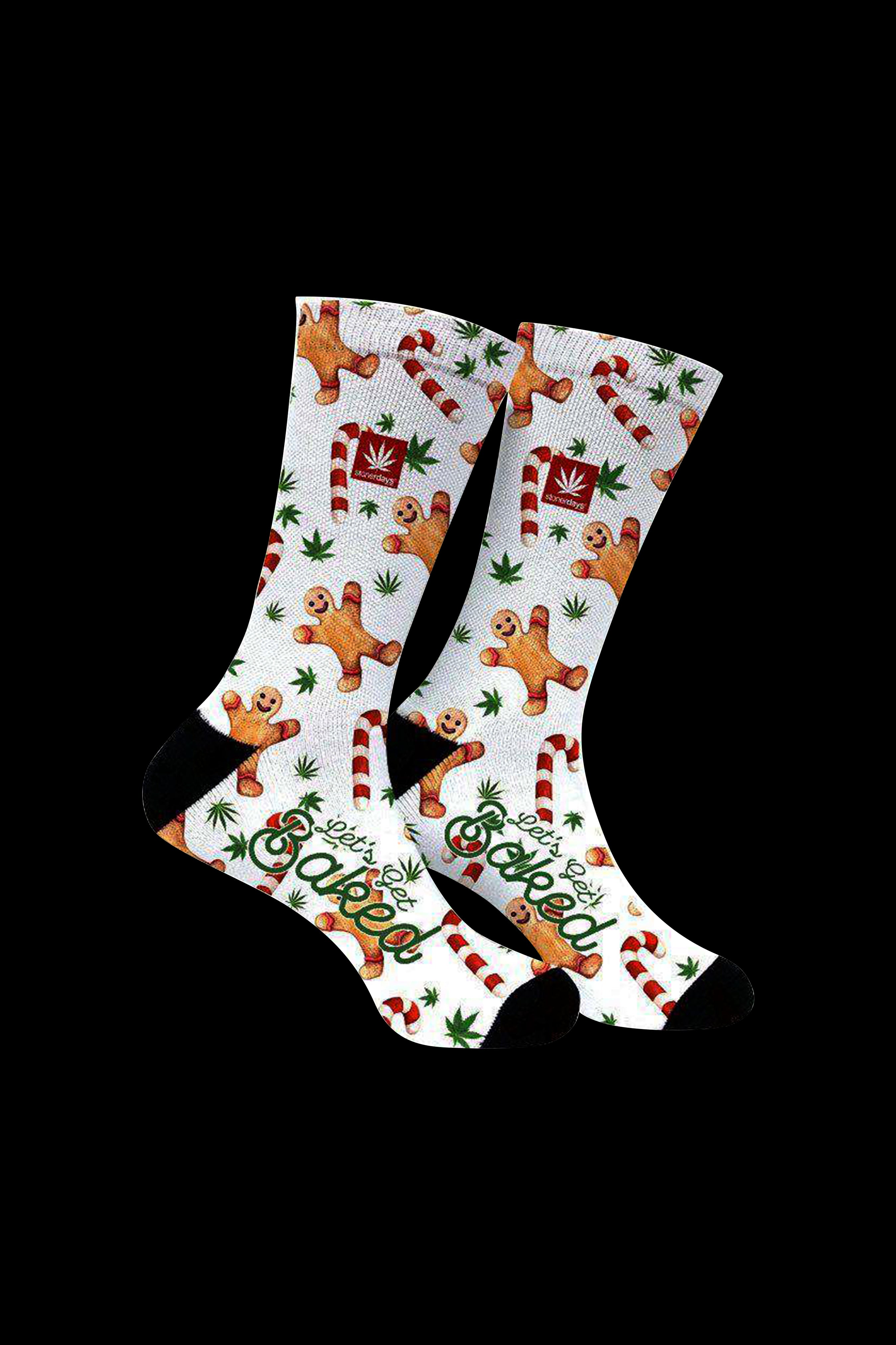 Knee-high socks with a festive, cannabis-themed pattern featuring gingerbread men and marijuana leaves, reading "Let's Get Baked".