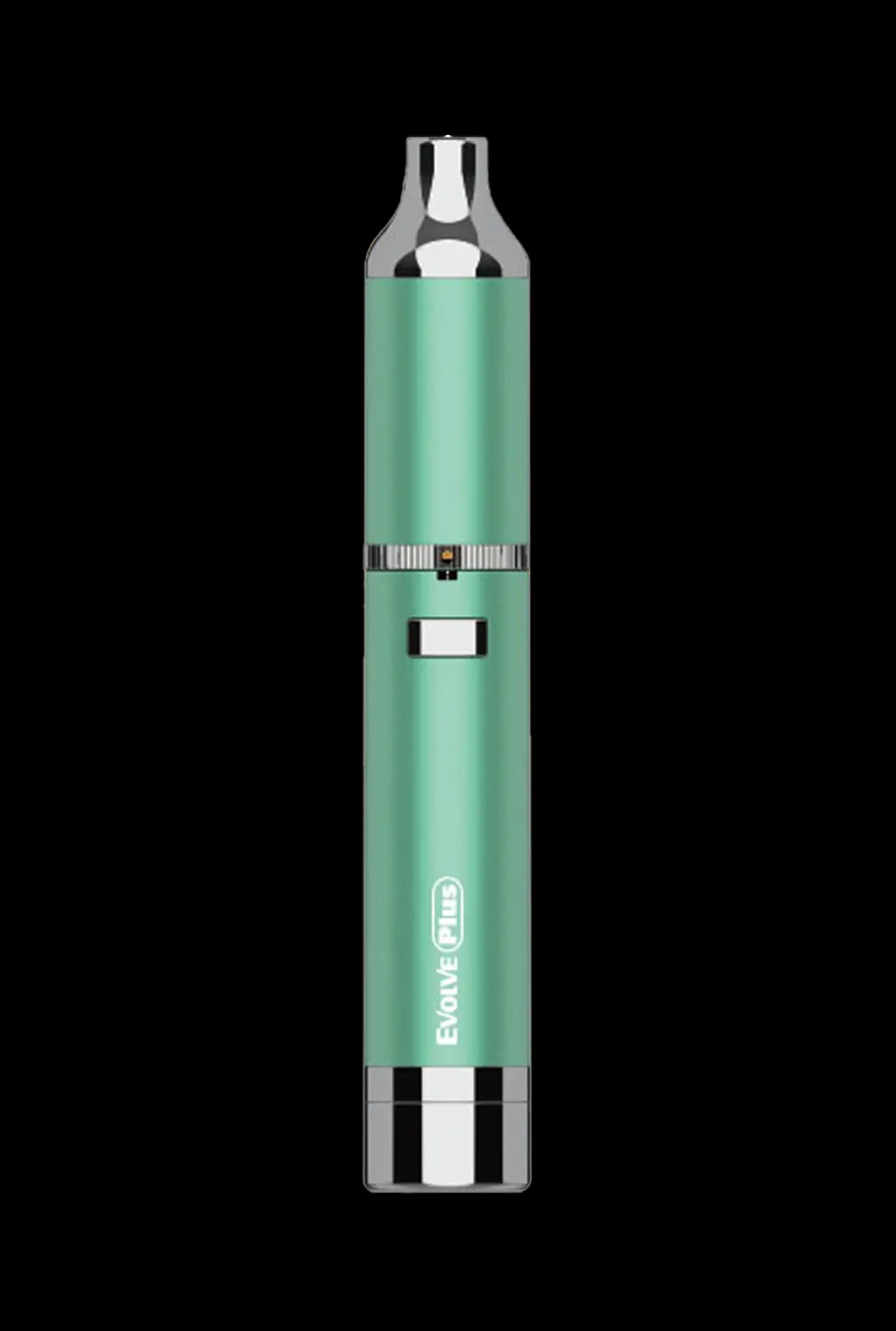 Center-aligned studio shot of the Yocan Evolve Plus (2020) in mint green with chrome mouthpiece and base against a black background.