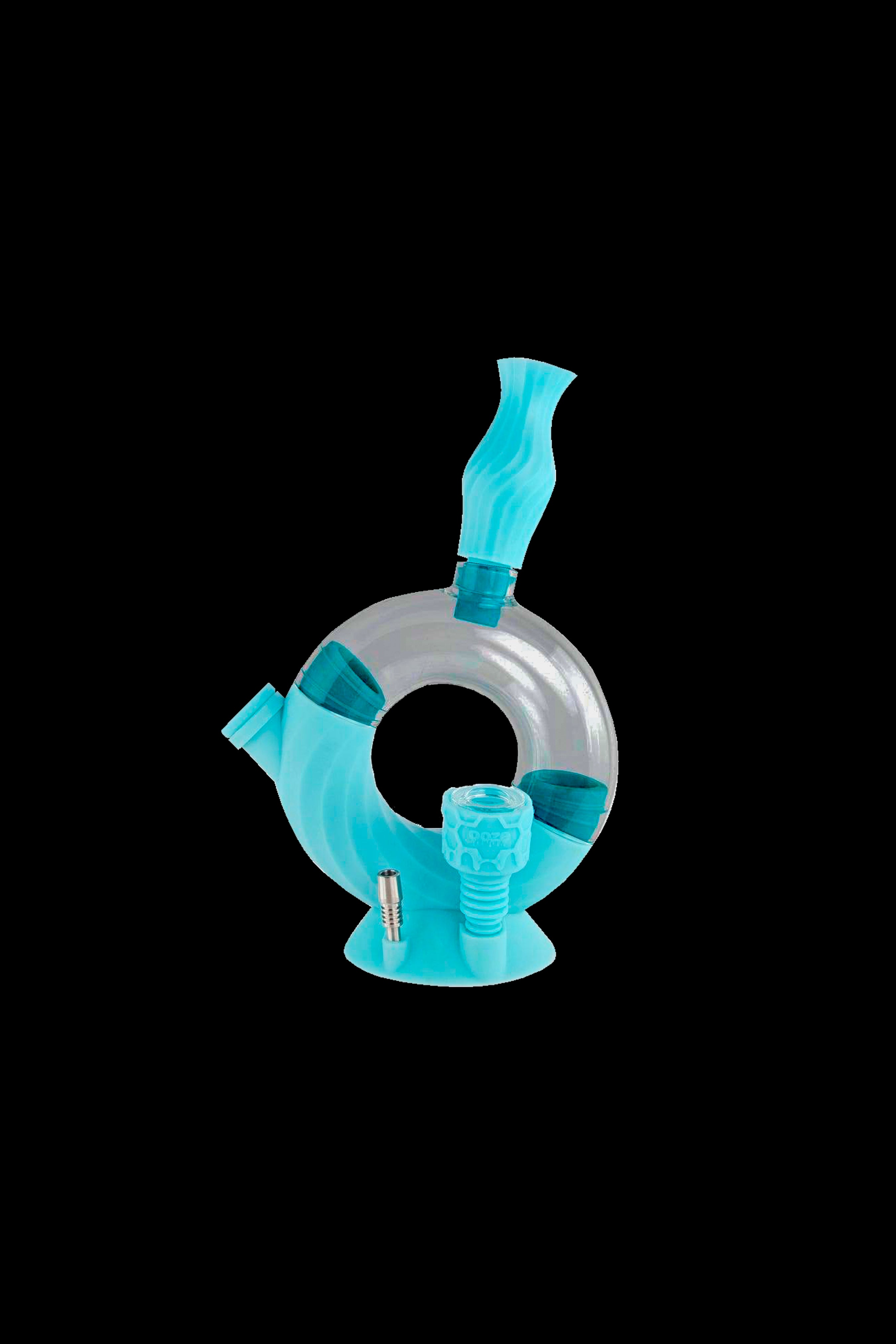 Blue glass water pipe for cannabis smoking.