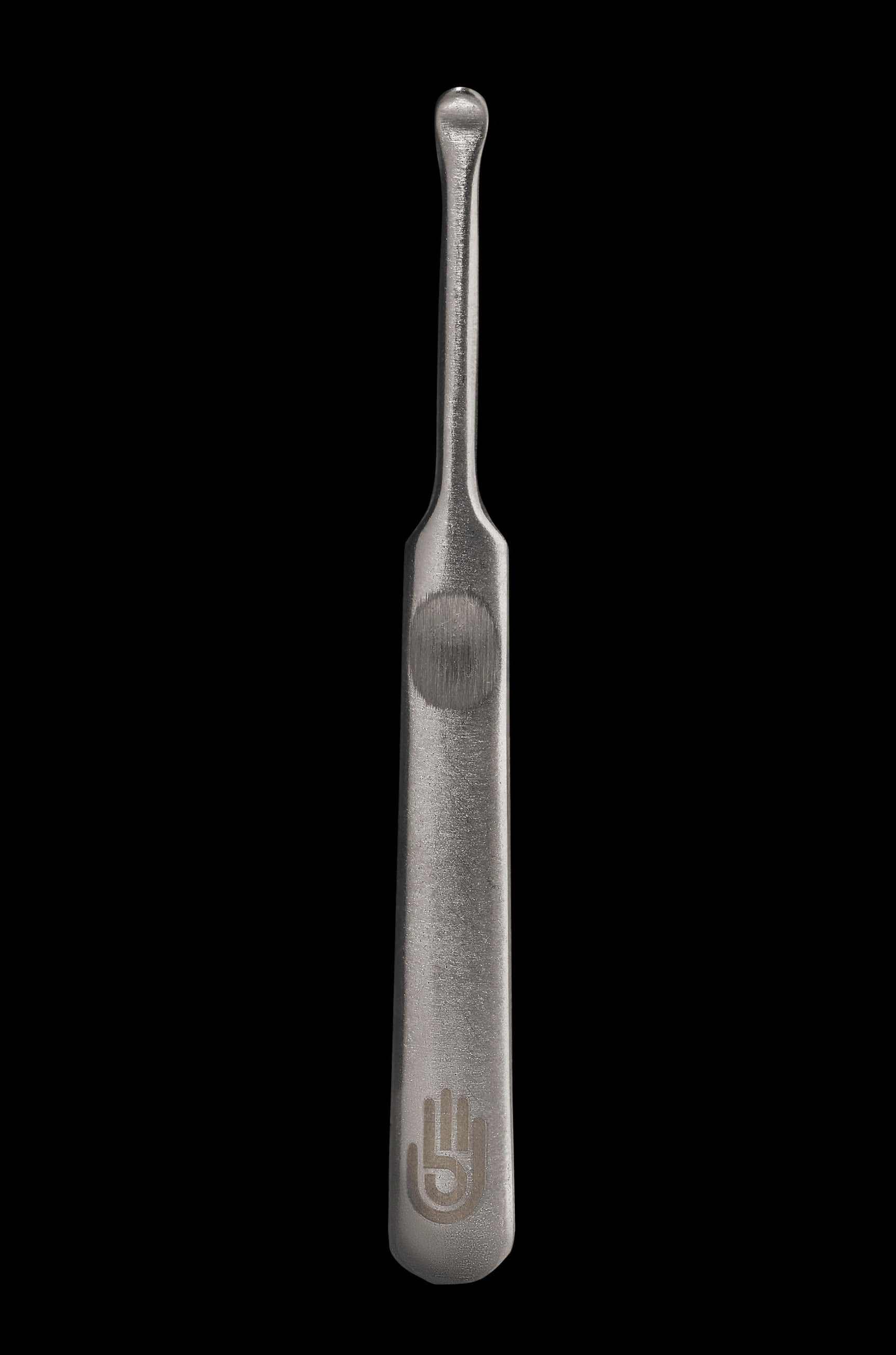 Silver cannabis dab tool with a hand logo.