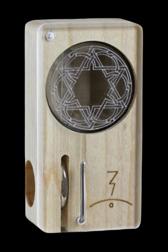 Wooden cannabis storage box with a geometric patterned window and silver latch.