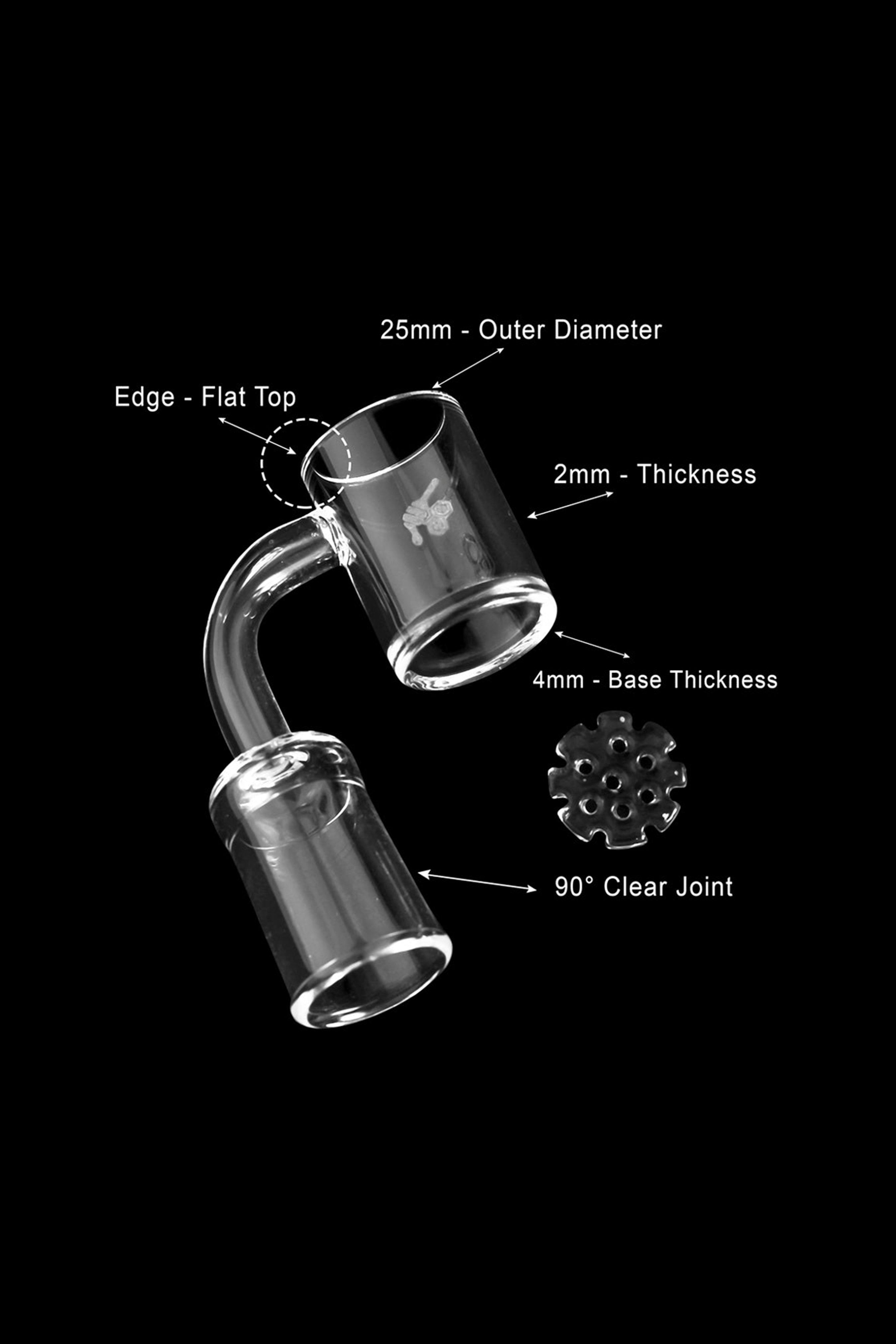 Clear quartz dab rig with labeled dimensions including outer diameter, thickness, and joint angle against a black background.