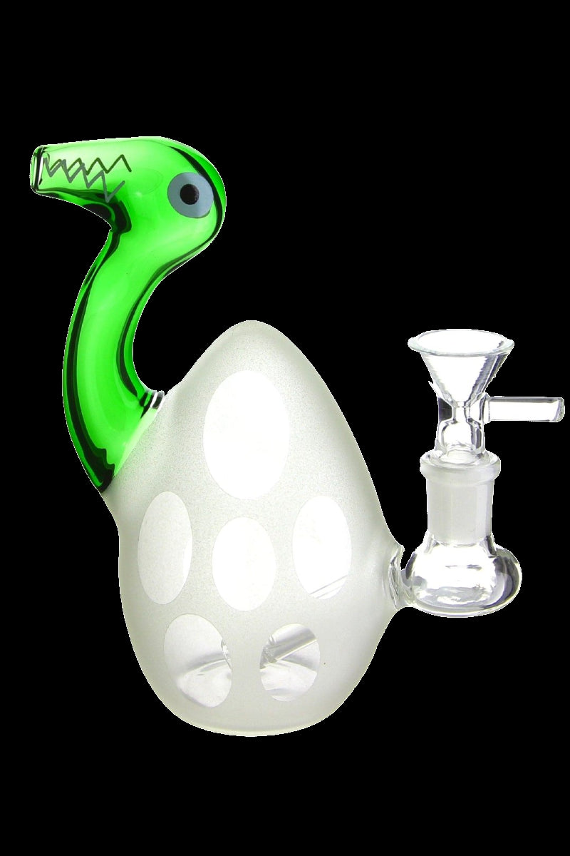 Green dinosaur-shaped glass water pipe with a clear glass bowl.