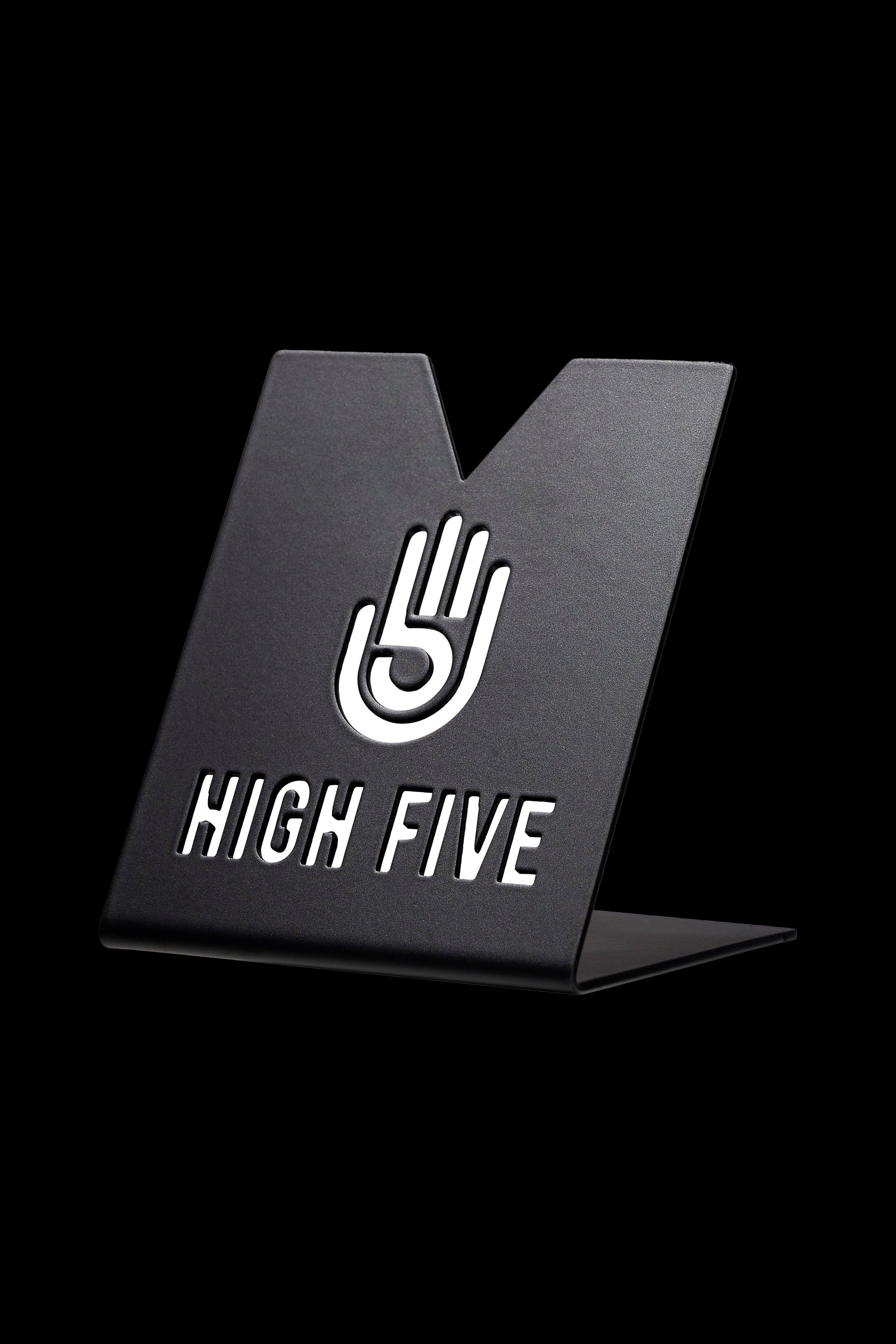 Black display stand with a white hand giving a “high five” and the text “HIGH FIVE.”
