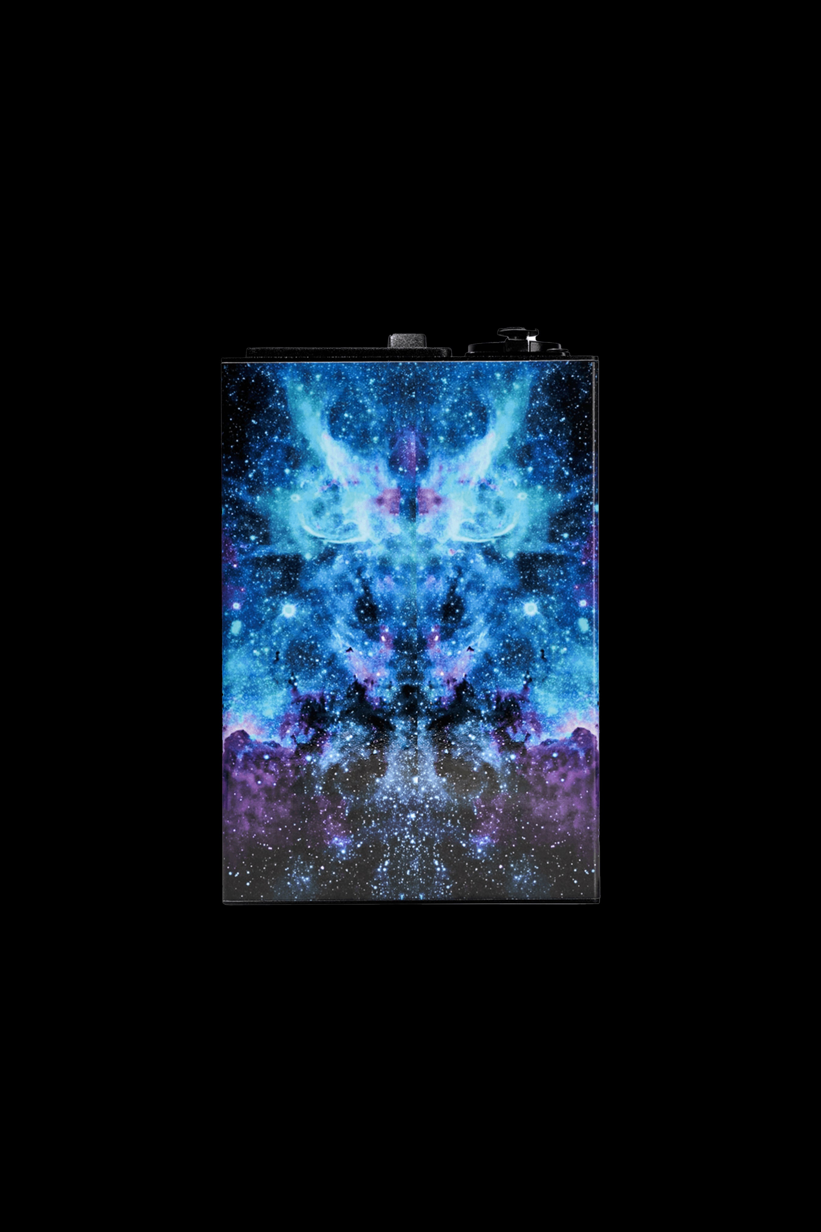 A cannabis grinder with a cosmic, galaxy-inspired design featuring swirling blues, purples, and white star patterns.