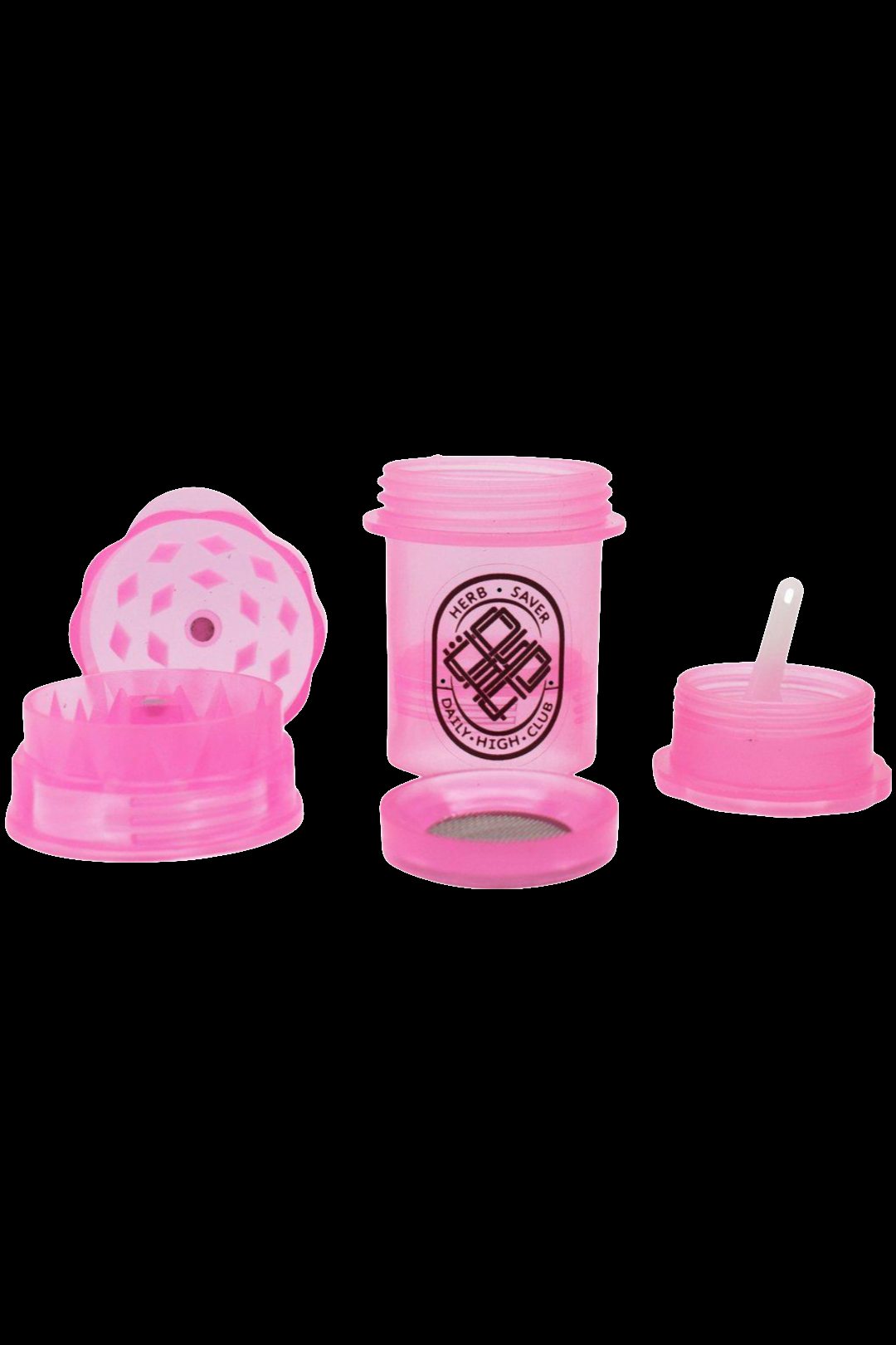 Pink silicone cannabis storage containers with different lid styles, featuring a "Herb Saver Daily High Club" logo.