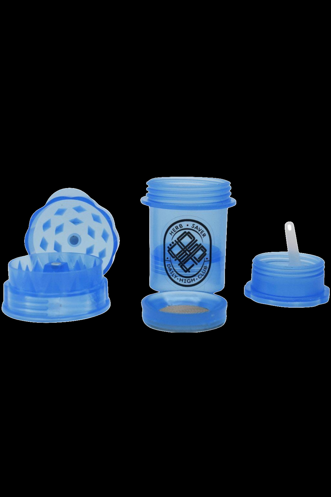 Blue glass cannabis accessories including a skull-shaped grinder, a storage jar labeled “Herb Saver” and “Danky High Club”, and a small oil burner.