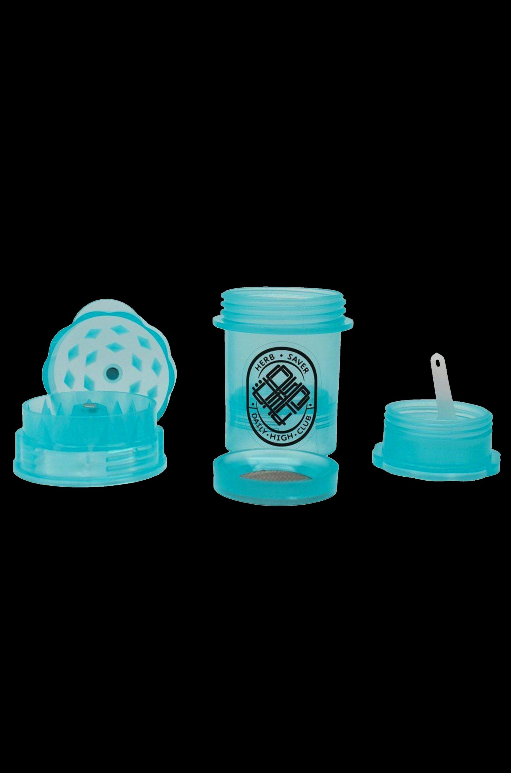 Three blue, airtight cannabis storage containers with unique lid designs, branded with "Herb Saver Daily High Club."