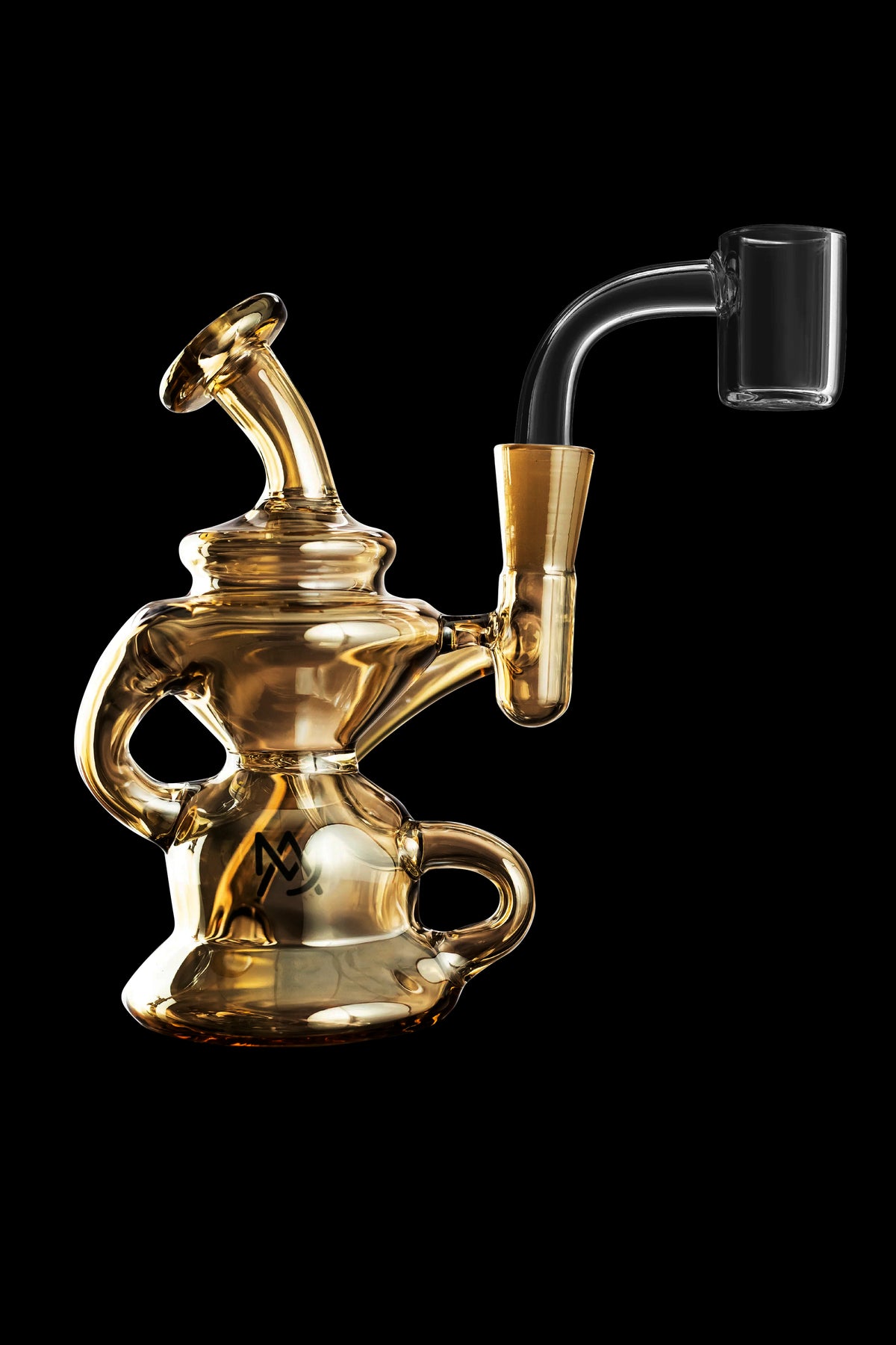 Golden glass dab rig with a quartz banger, isolated on a black background.