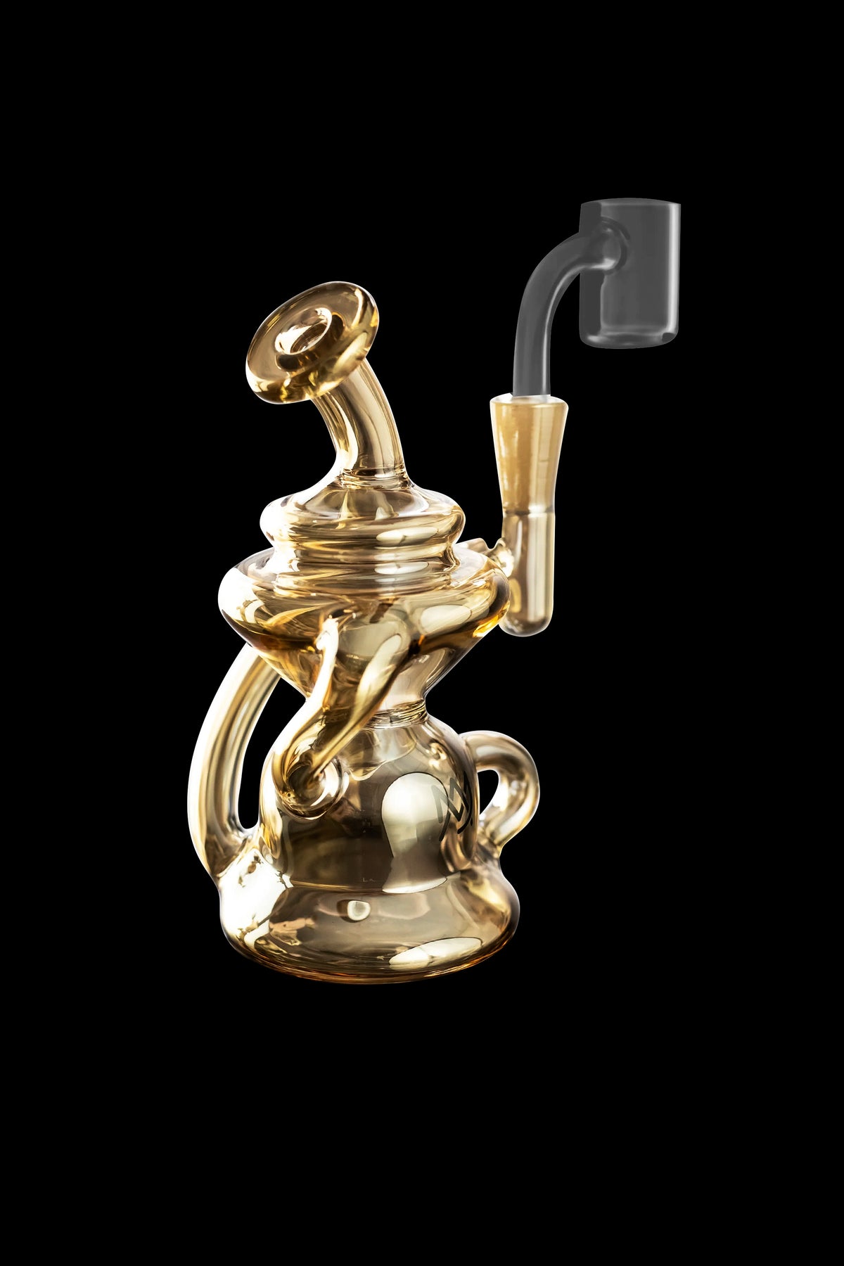 Golden glass dab rig with quartz banger, isolated on black.