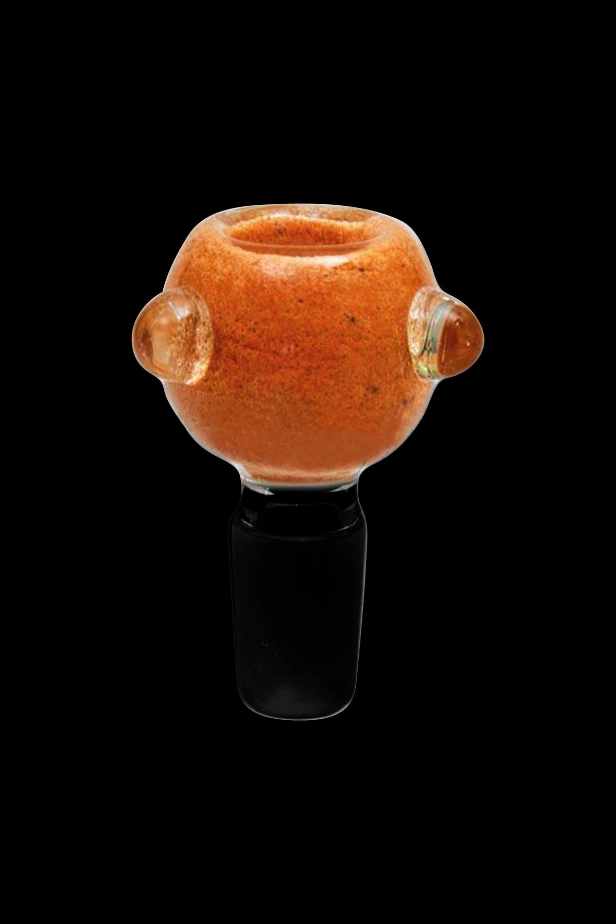 Orange glass cannabis bowl with handles, isolated on black.