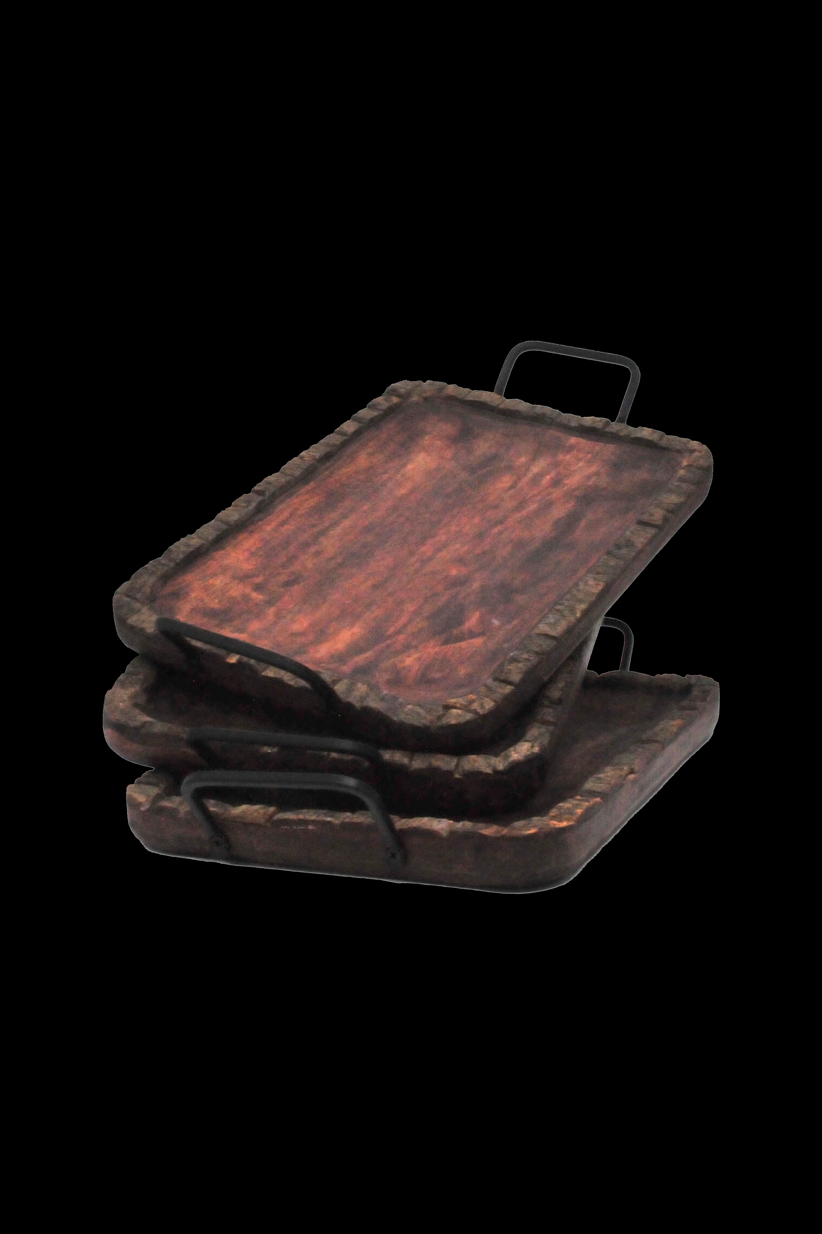 Stacked metal rolling trays with handles, isolated on a black background.
